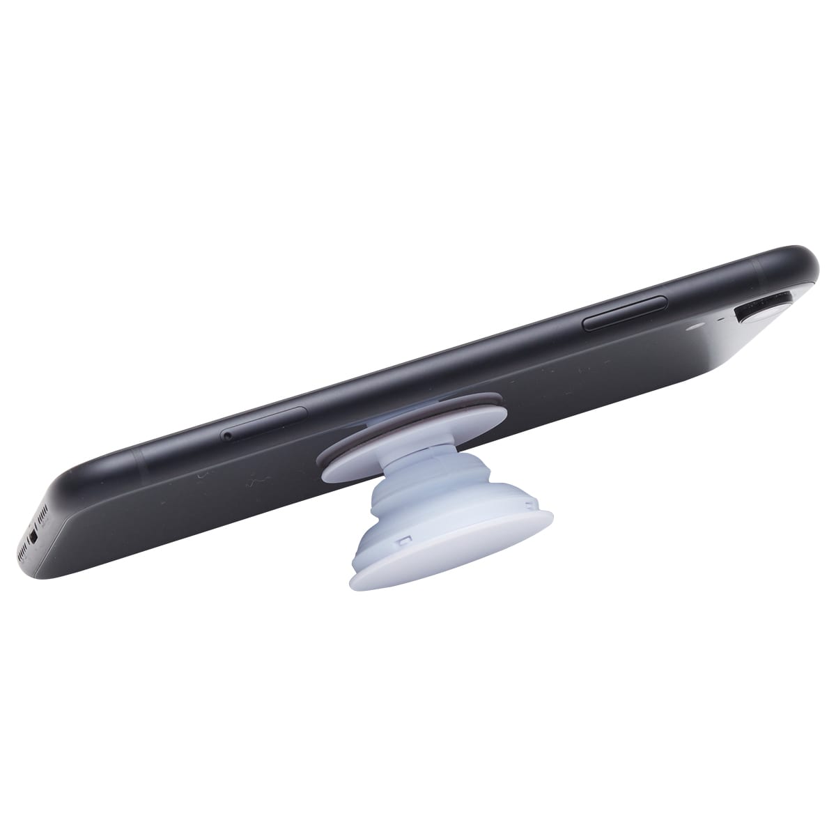 A white Expandit Phone Grip attached to a black smartphone, designed for stability and ease of handling.