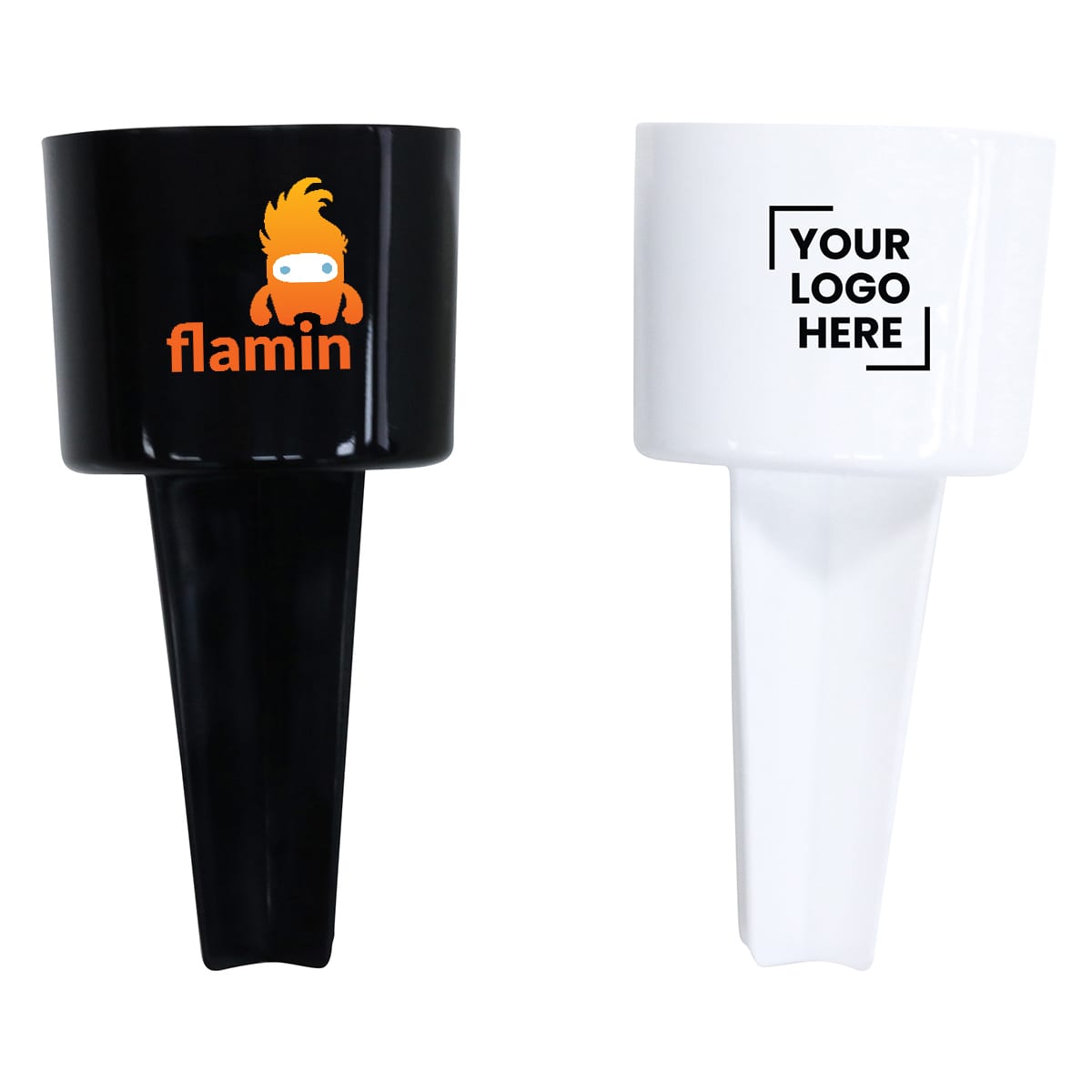 A black and a white Sand Spike, featuring a logo on the black version, with a placeholder for branding on the white version.