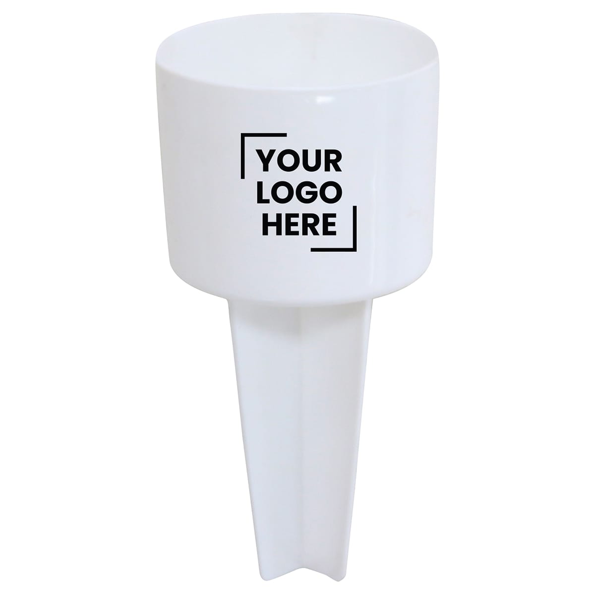 A white Sand Spike with a cylindrical top and a pointed base, featuring space for branding.