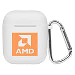 A white charging case for earbuds with an orange logo and a silver carabiner attached.
