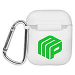 A white earbud case with a green logo and a silver carabiner attached.