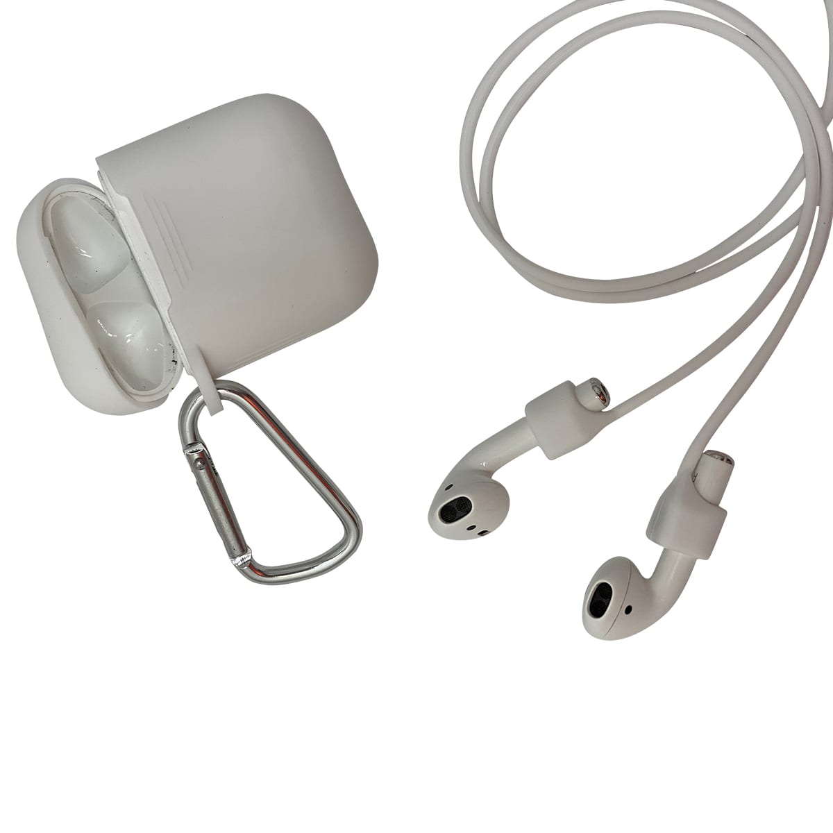 A pair of white earbuds alongside a white charging case with a silver carabiner.