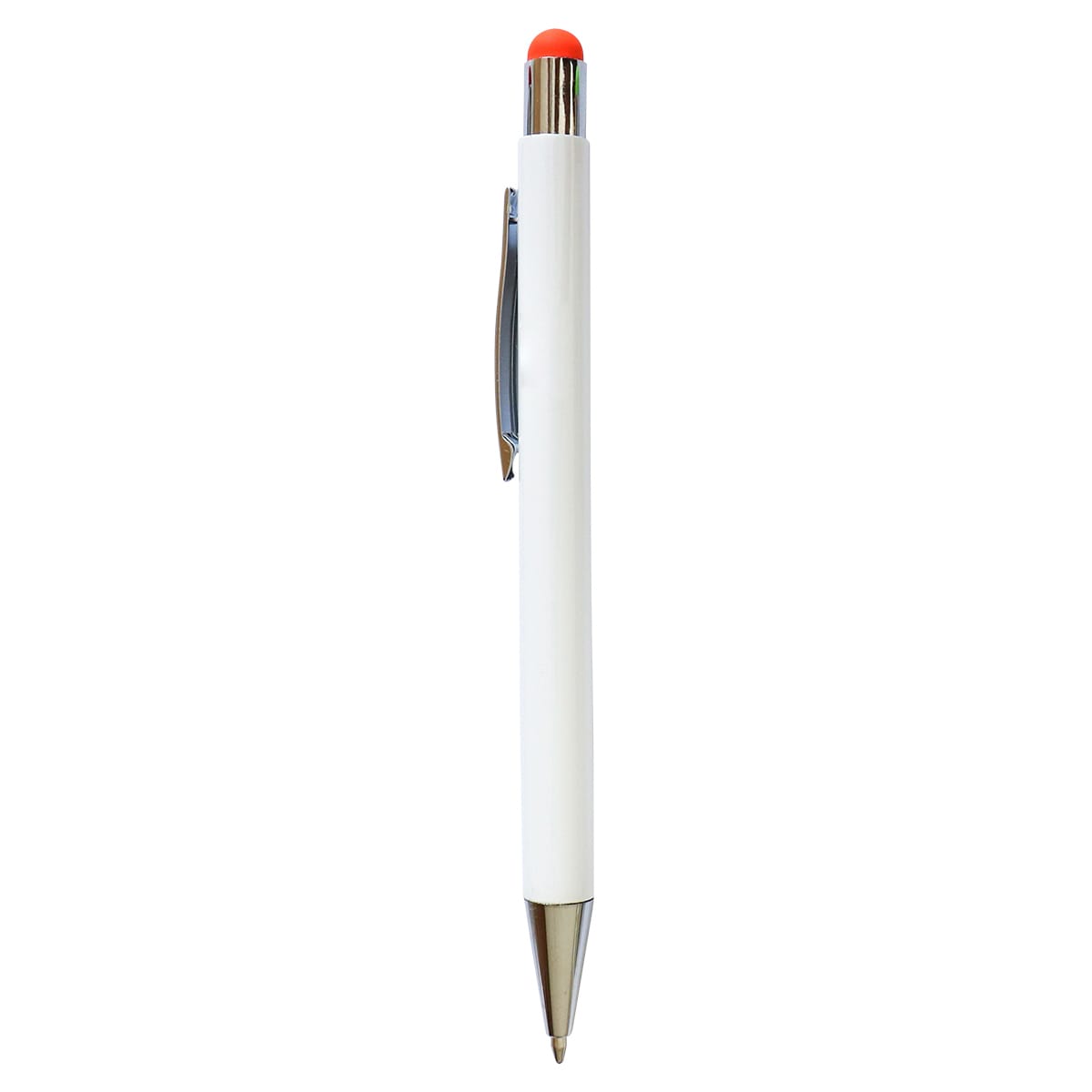 A white stylus pen with a silver clip and an orange top, featuring a logo on its body.