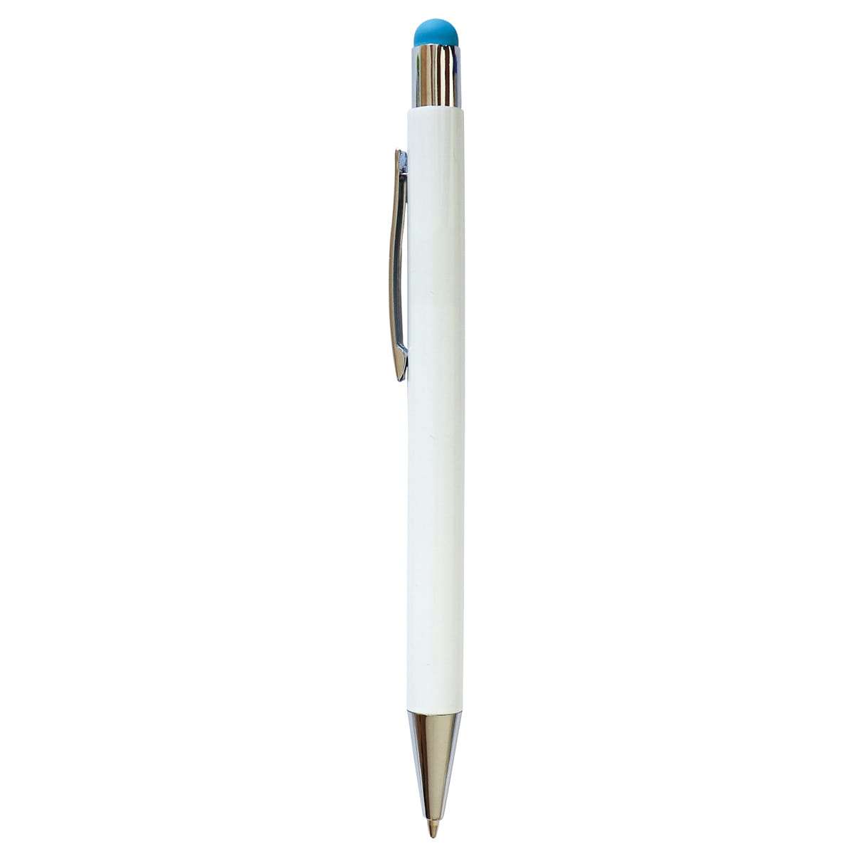 A white stylus pen with a blue top and silver accents. Features a clip and branding on the body.