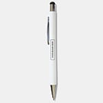 A white stylus pen featuring a sleek design and a branding logo. Ideal for writing and touchscreen use.