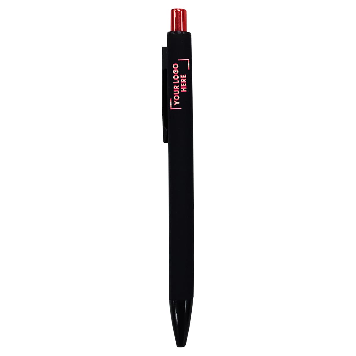 A black plastic pen with a red top and a logo on the side.