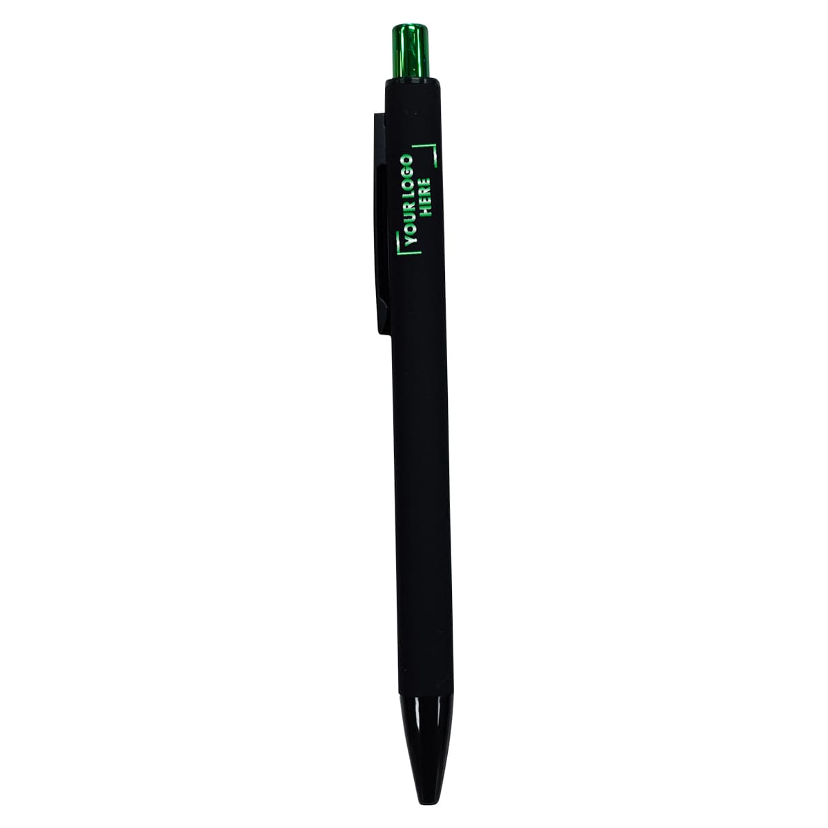 A black plastic pen with a green accent and a clip, featuring a branding logo.
