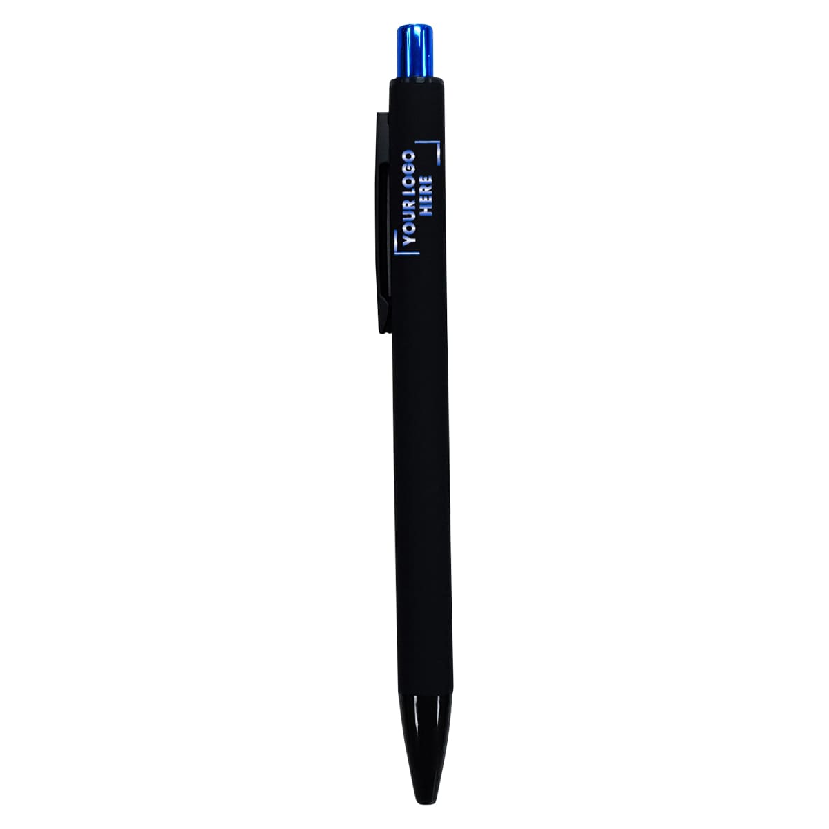 A black plastic pen with a blue tip and a clip, featuring a visible logo area.
