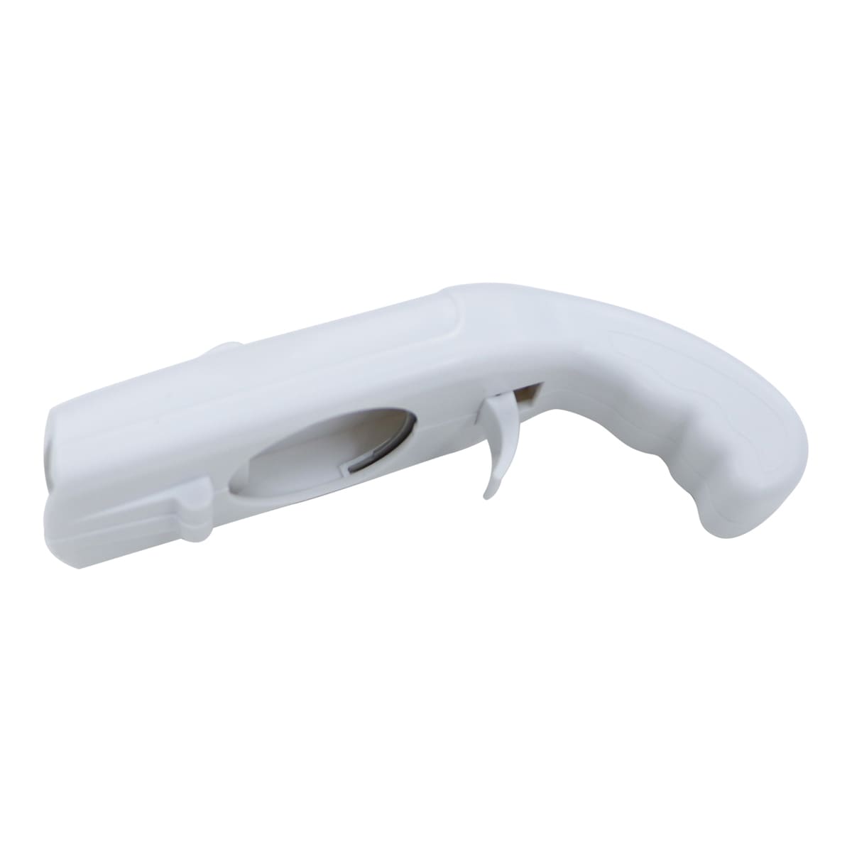 A drink bottle opener shaped like a cap gun, featuring a white plastic design with a textured grip.