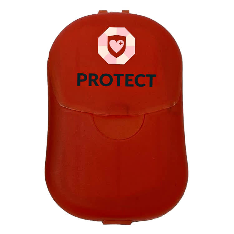 A red protective case featuring a logo on the front and a clasp closure.