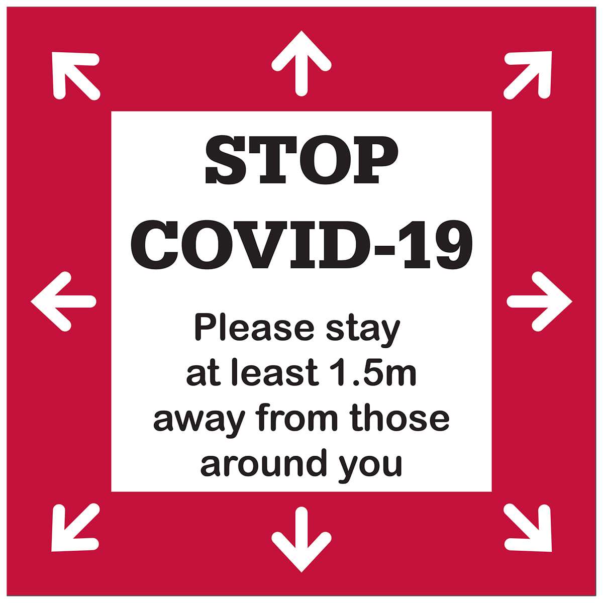 A floor decal sticker in red and white, featuring arrows and a message about maintaining social distance.