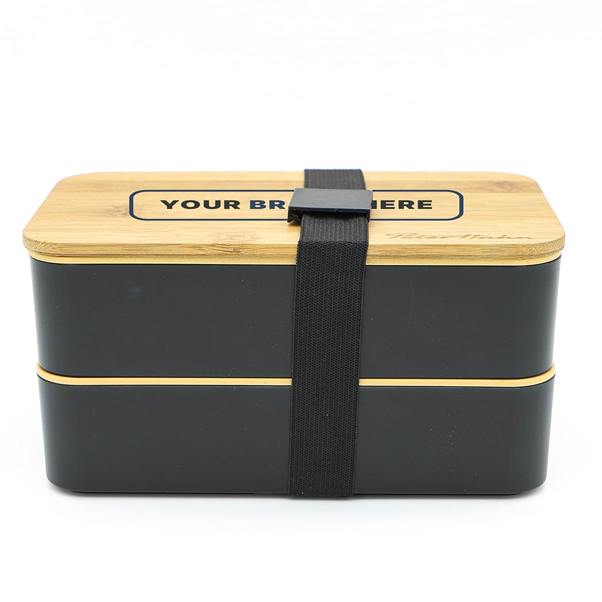 A two-layer lunch box in black and natural wood, featuring a secure strap and a branding area on the lid.