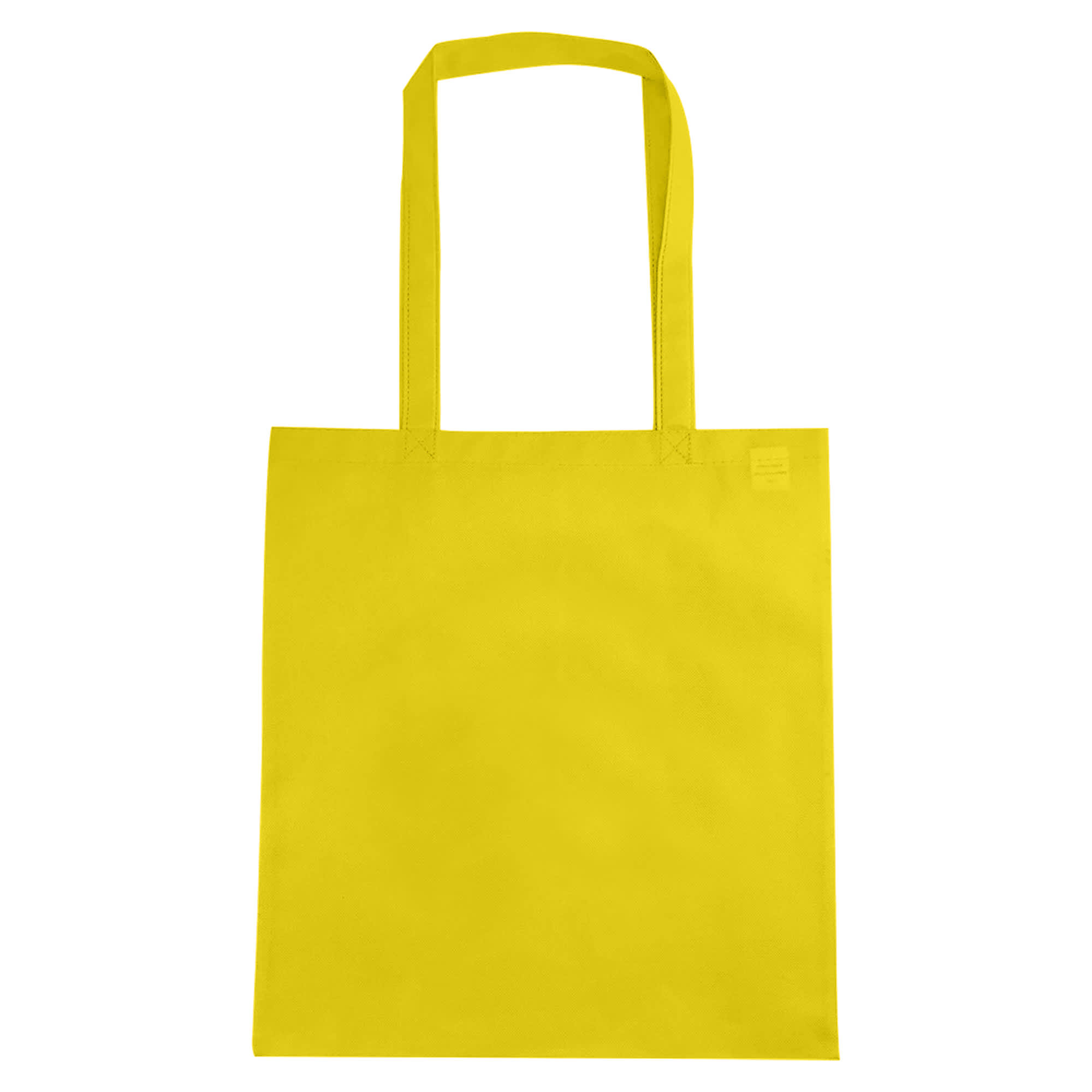 A yellow non-woven reusable grocery bag with two handles and no gusset, featuring a logo.