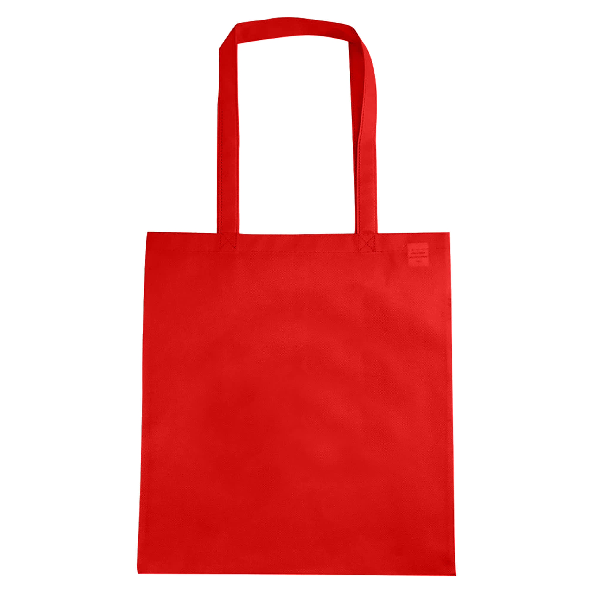 A red non-woven reusable grocery bag with two handles and no gusset. The bag features a simple design.