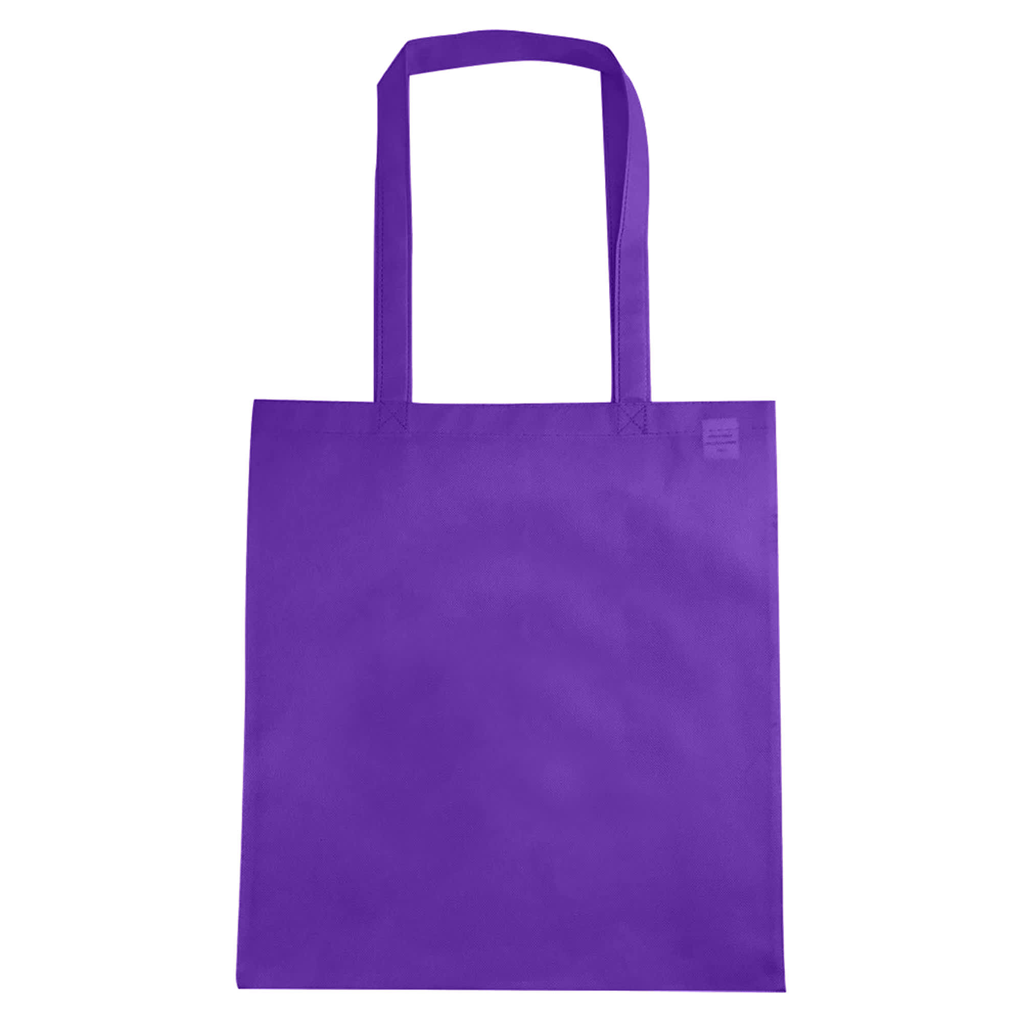 A purple non-woven reusable grocery bag with long handles, featuring a subtle logo.