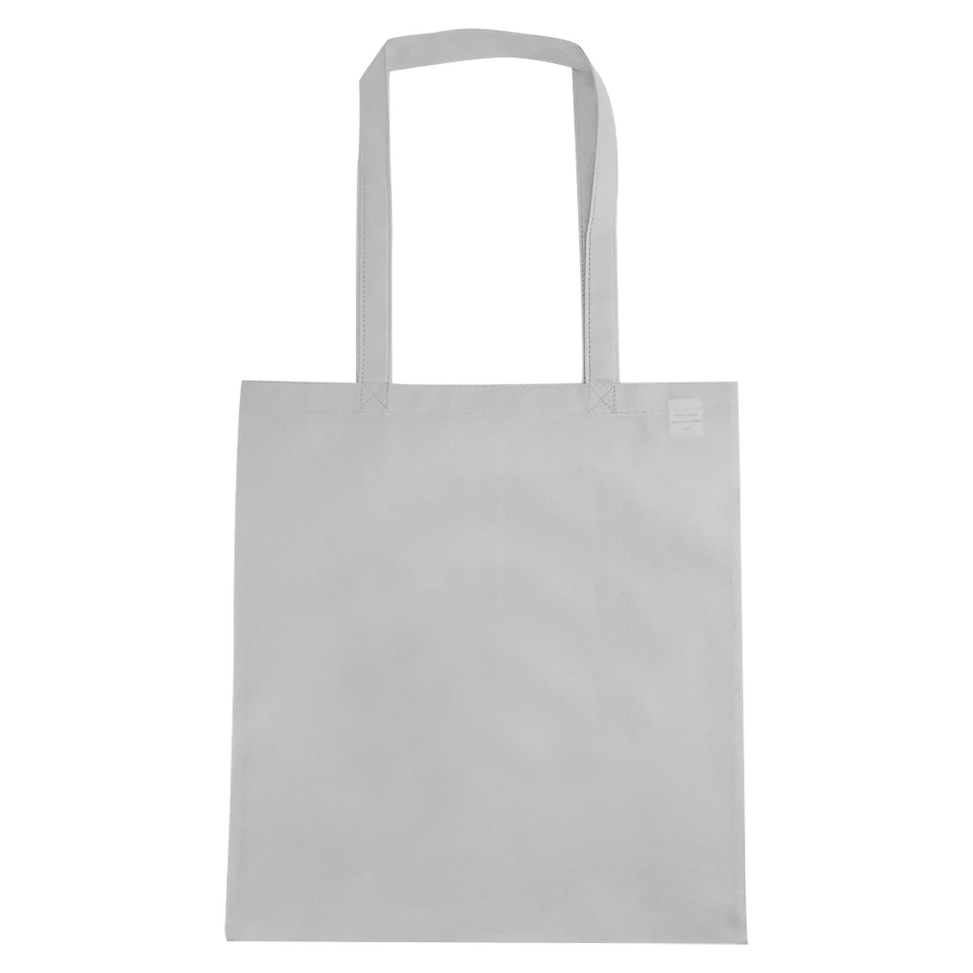 A grey non-woven reusable grocery bag without a gusset, featuring two sturdy handles.