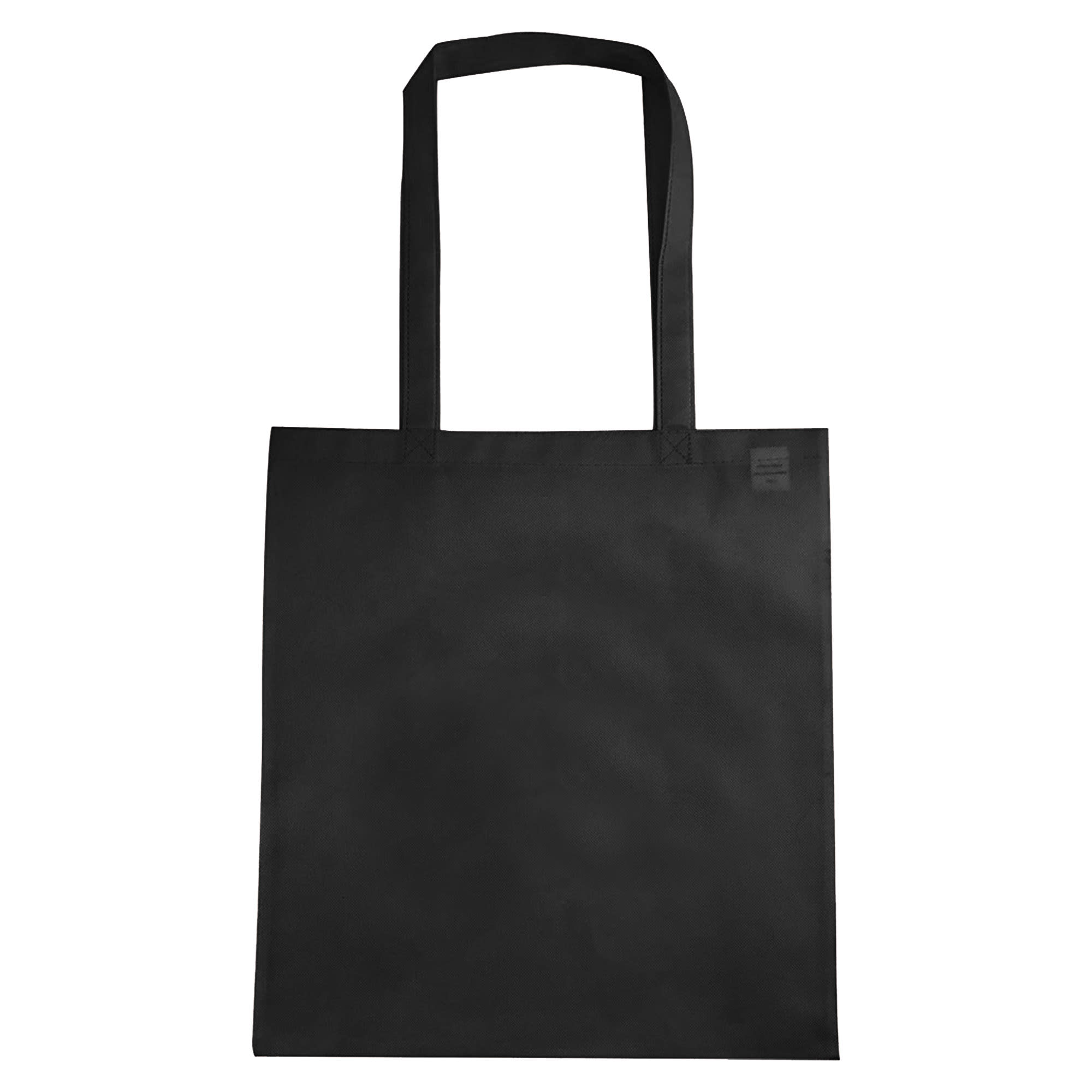A black non-woven reusable grocery bag with two handles and no gusset, featuring a logo.