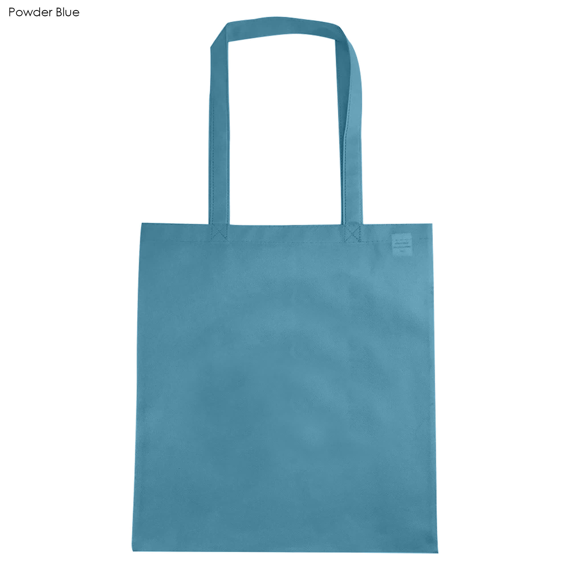 A powder blue non-woven reusable grocery bag without gusset, featuring shoulder-length handles and a simple design.