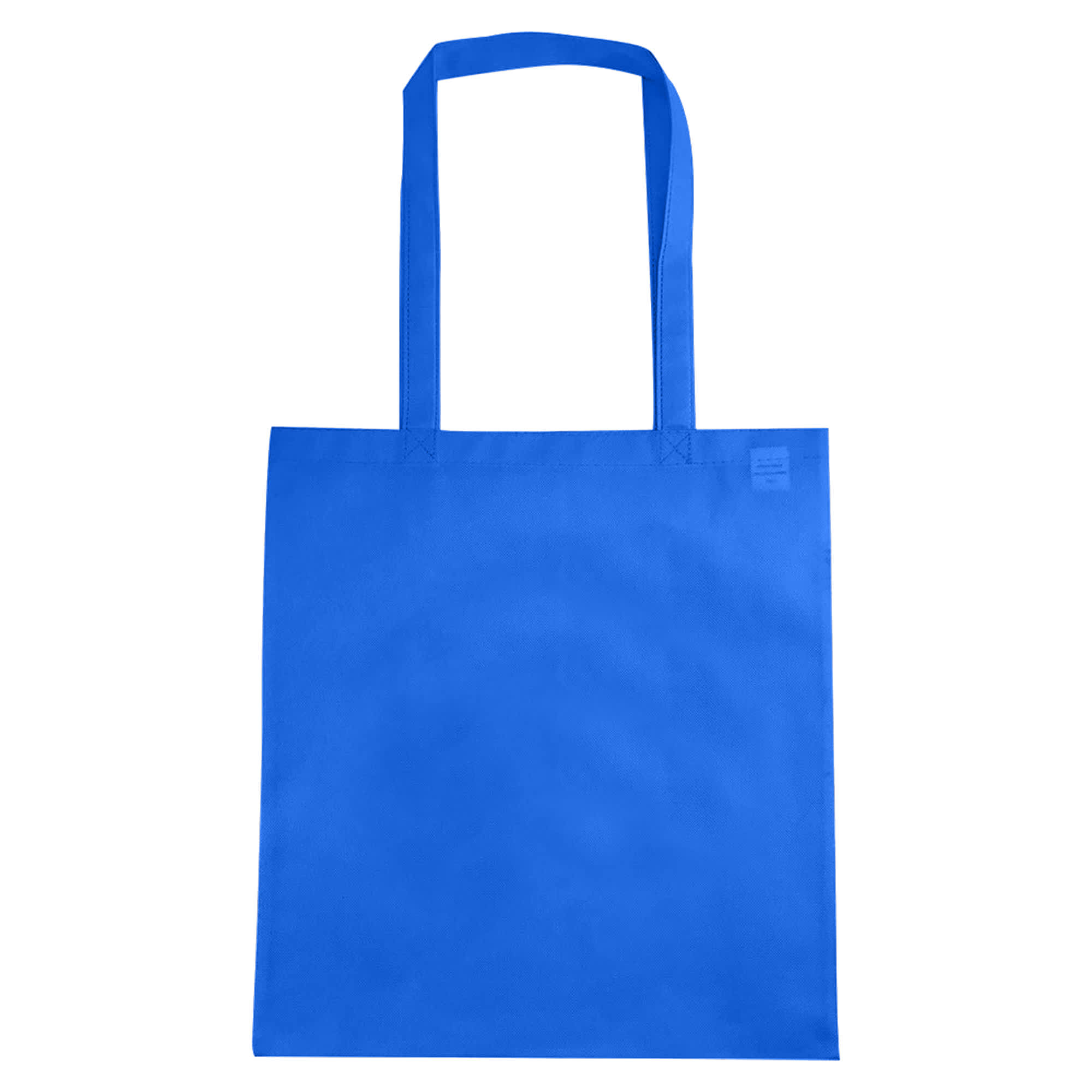 A blue non-woven reusable grocery bag with two handles and no gusset, featuring a logo.
