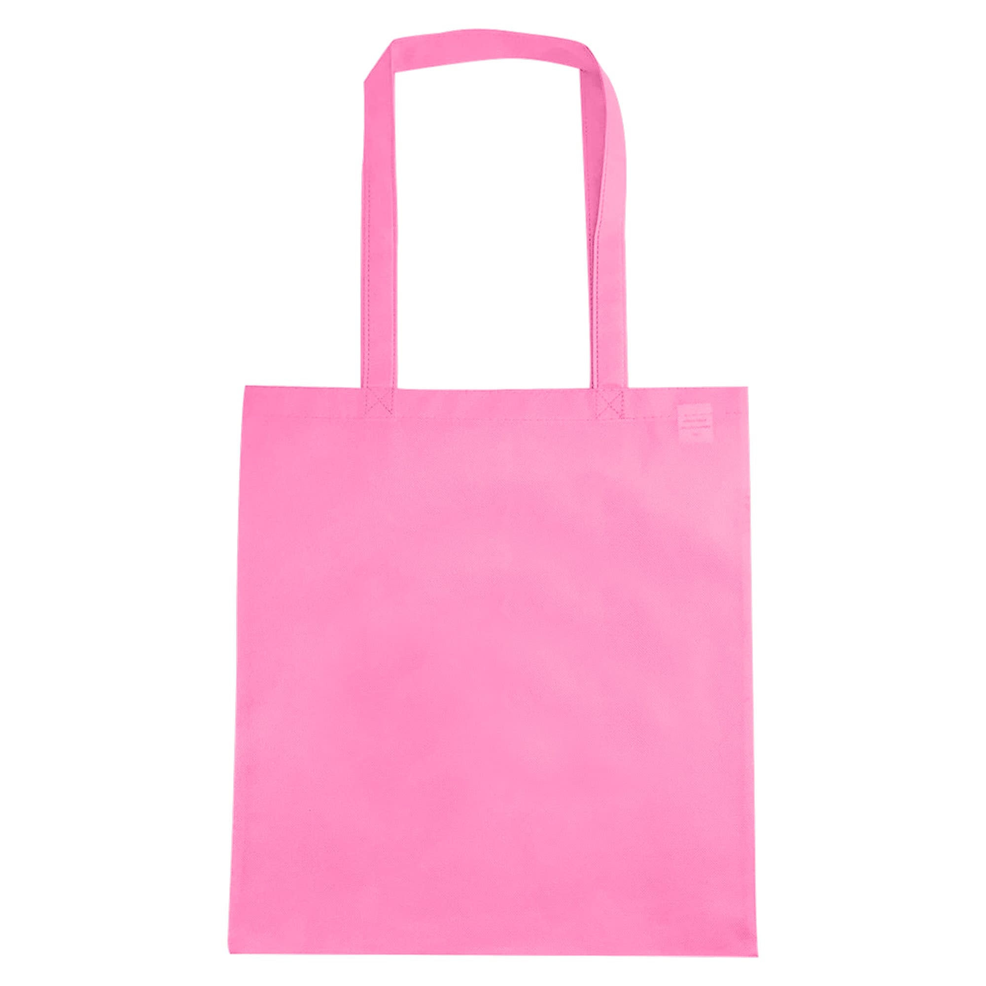 A pink reusable grocery bag without gusset, featuring two long handles and a logo.