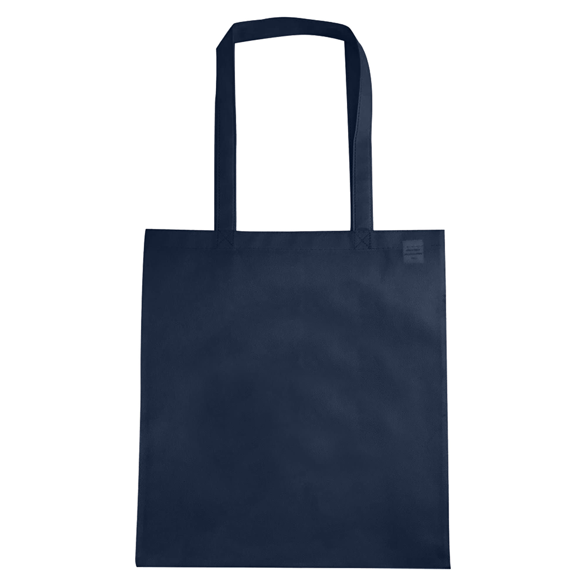 A navy blue non-woven reusable grocery bag with long handles and no gusset, featuring a small logo.