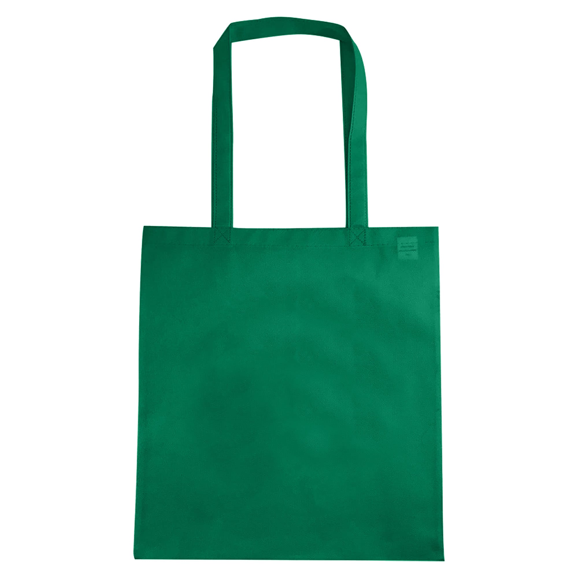 A green non-woven reusable grocery bag without a gusset, featuring long handles and a logo.