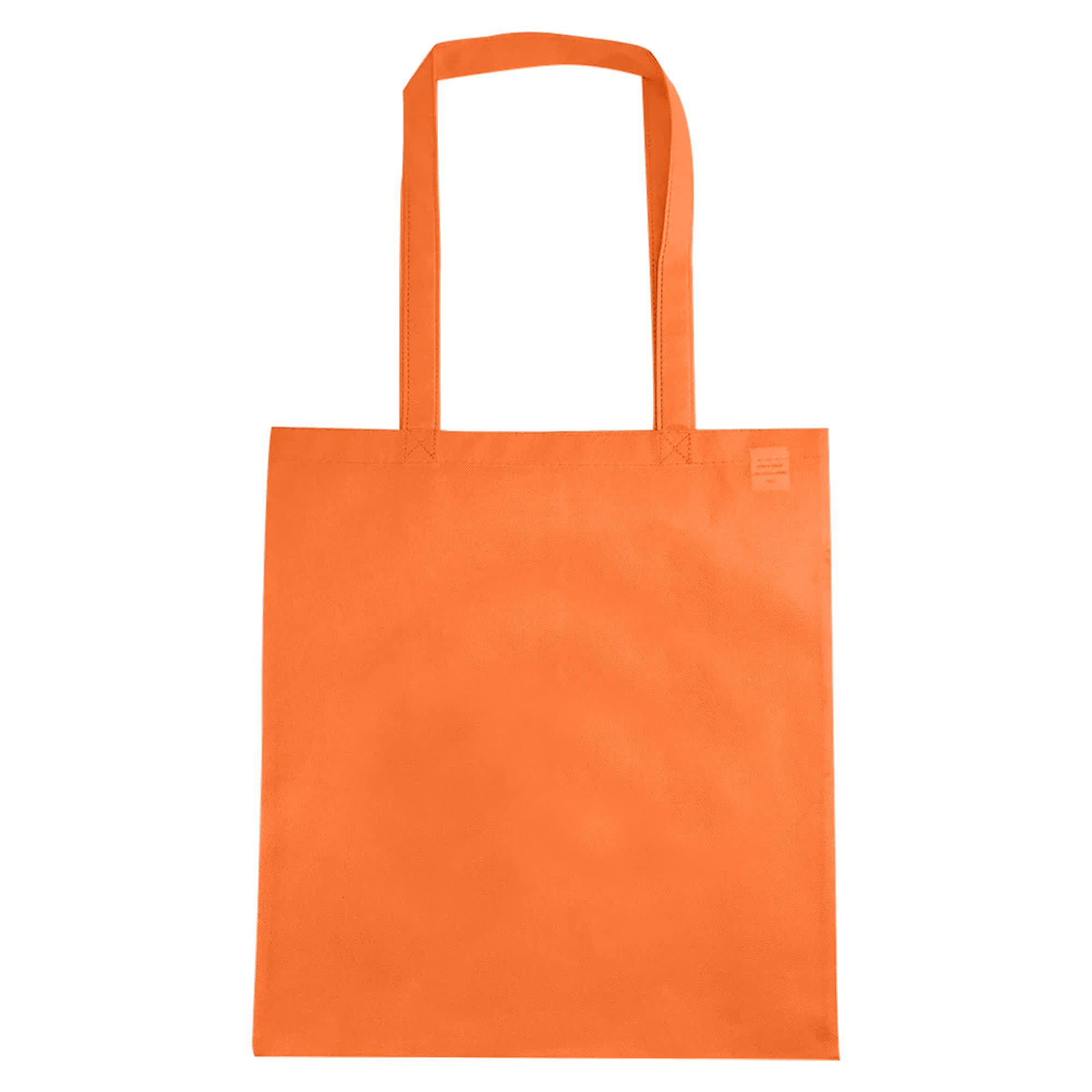 An orange reusable non-woven grocery bag without gusset, featuring two sturdy handles and a simple design.