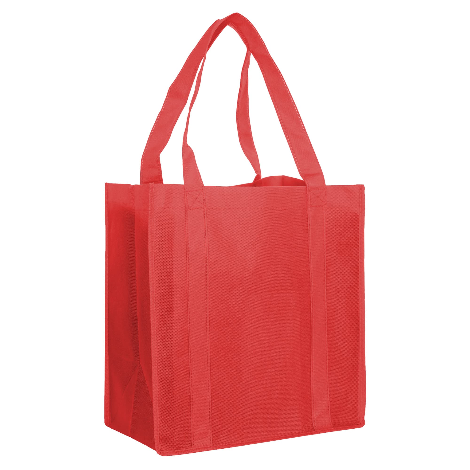 A red non-woven shopping bag with two sturdy handles and a simple design. Features a logo.