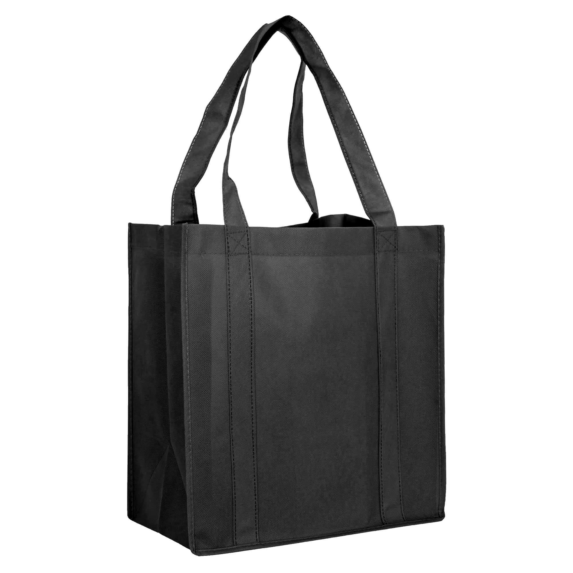 A black non-woven shopping bag with sturdy handles and a clean design. It features a logo on one side.