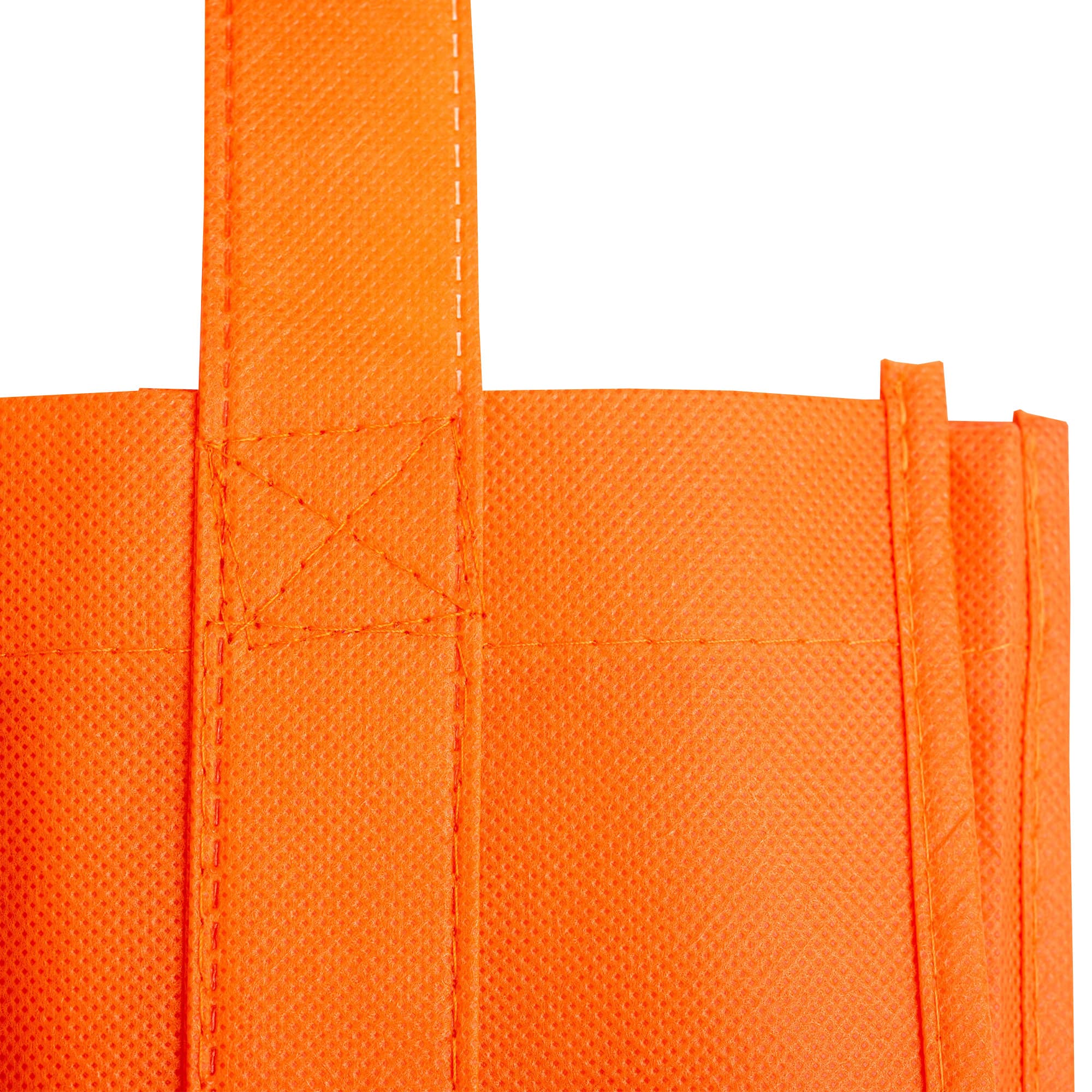 An orange non-woven shopping bag featuring sturdy stitching and handles. The bag has a branded logo.