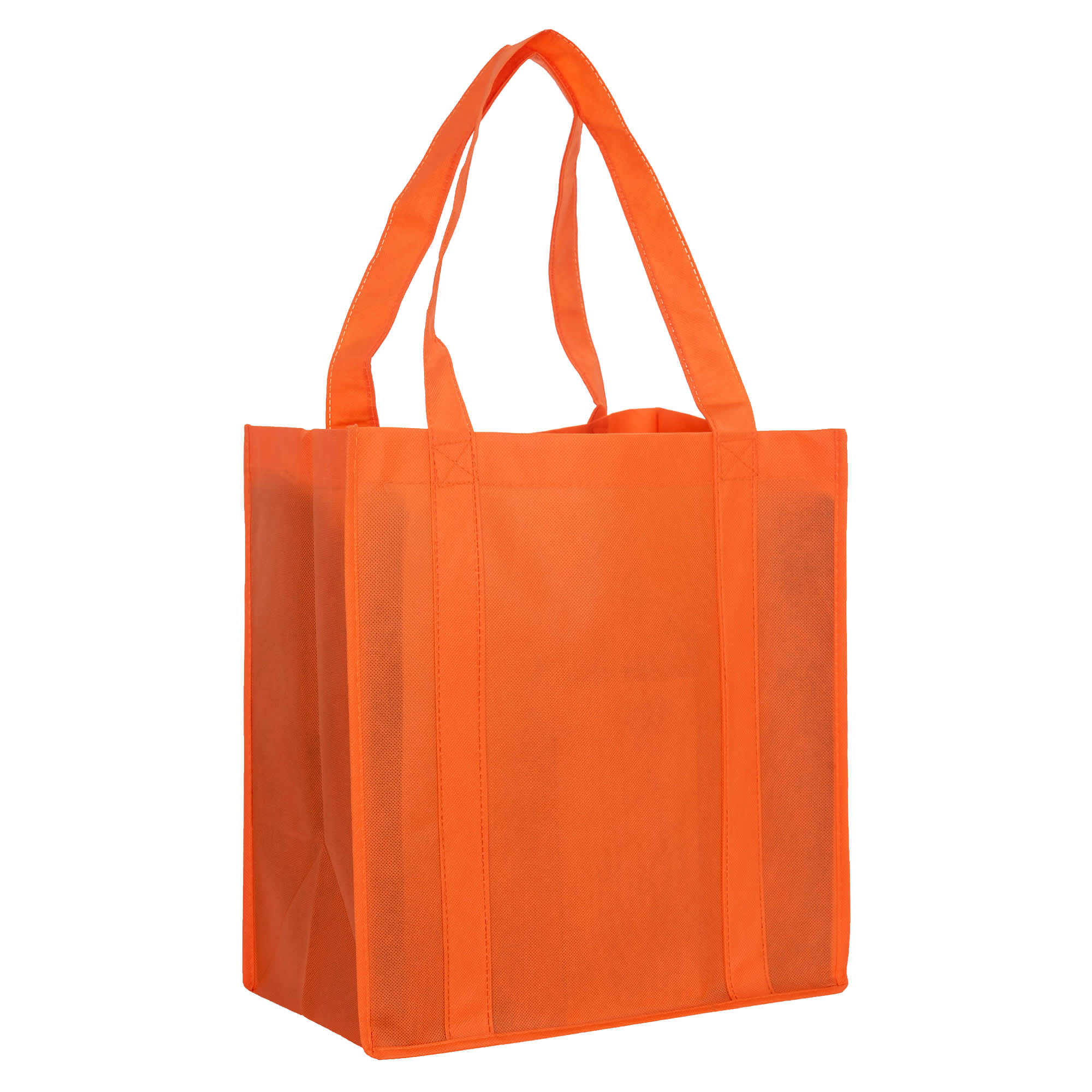 An orange non-woven shopping bag with sturdy handles and a rectangular shape. Features a logo.