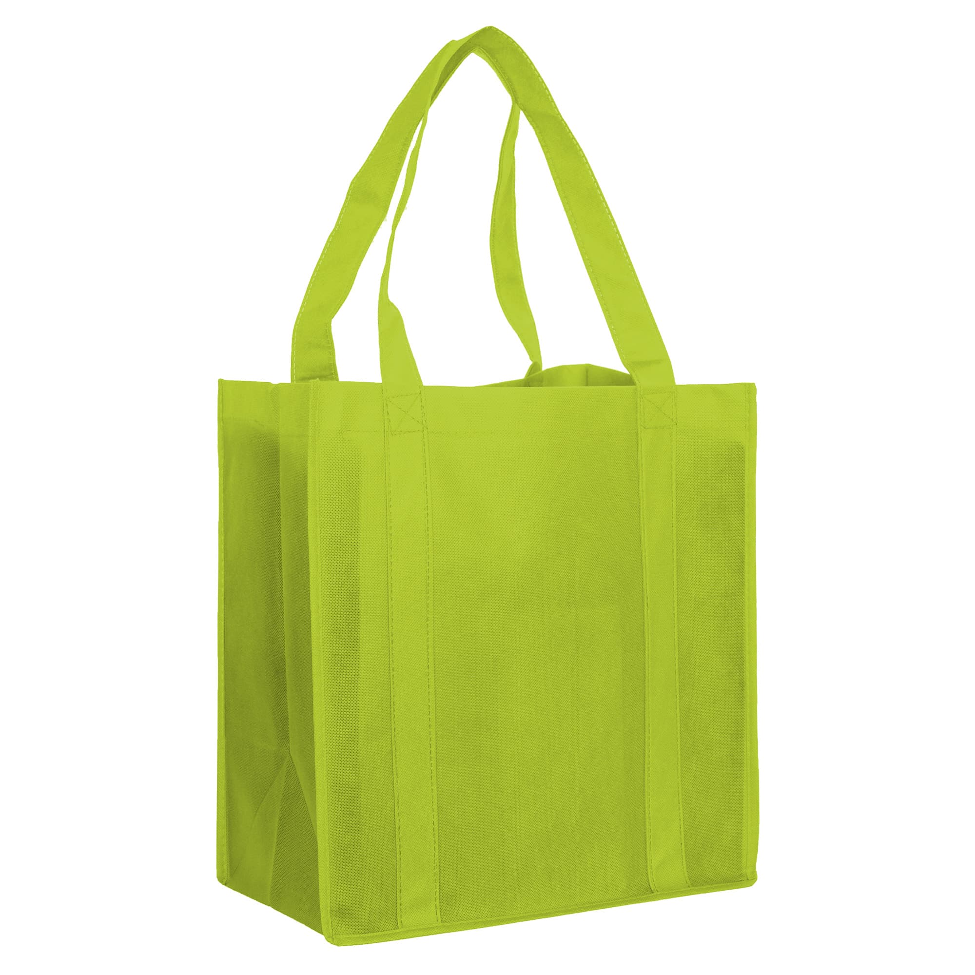 A bright green non-woven shopping bag with two handles and a simple design. It features a logo on one side.