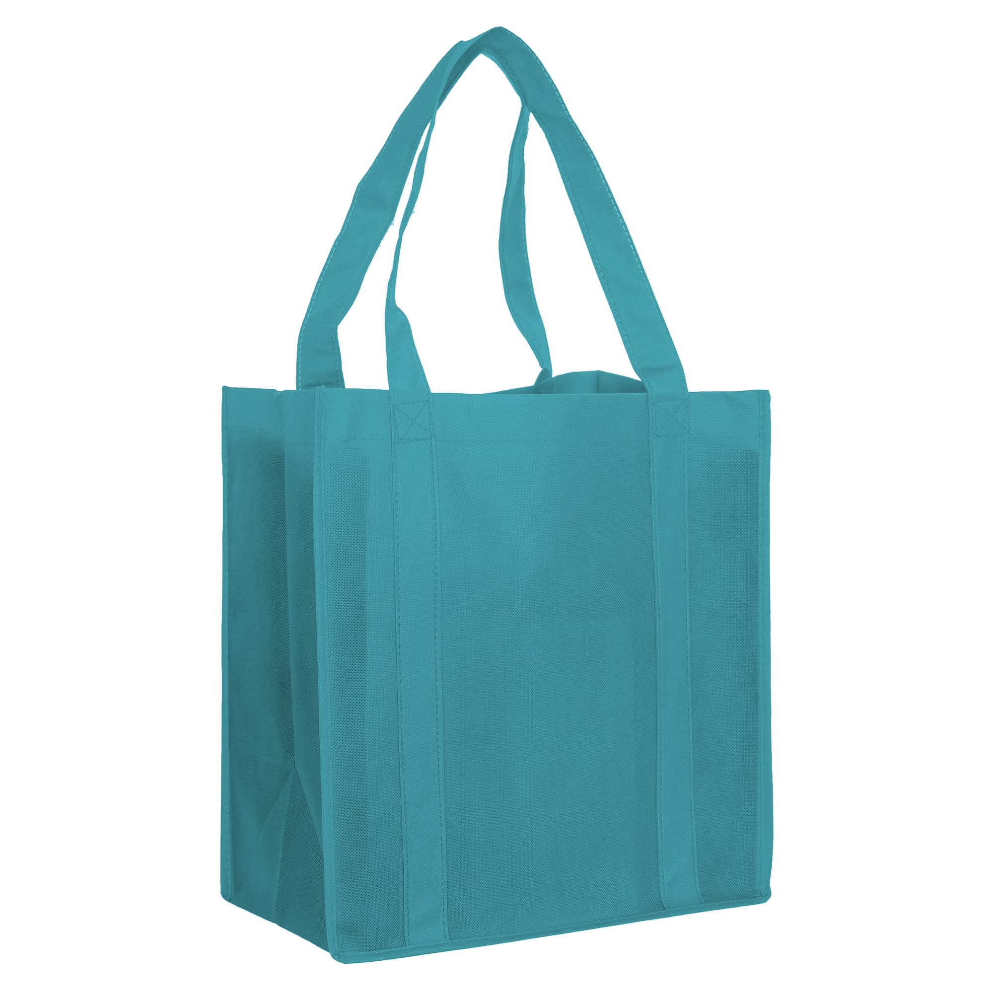 A turquoise reusable shopping bag with sturdy handles and a rectangular shape, featuring a logo.