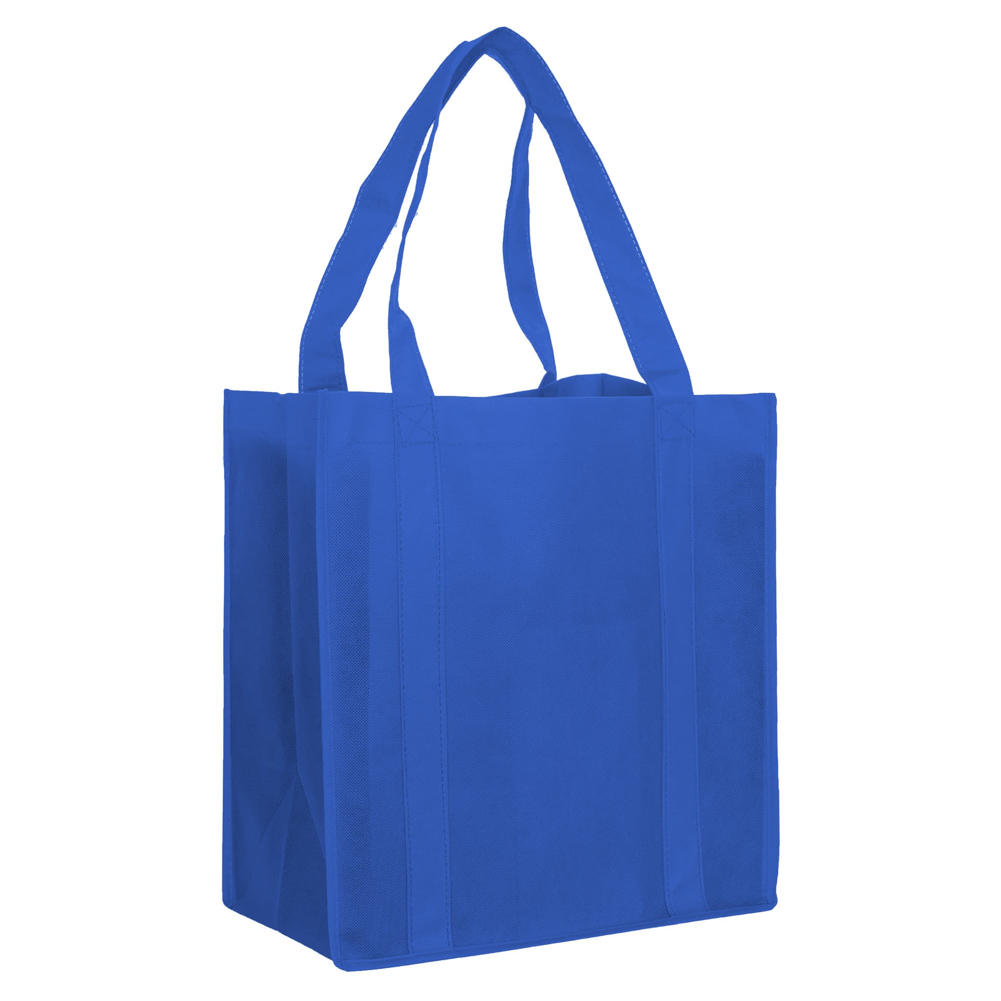 A blue non-woven shopping bag with two handles and a structured design. It features a logo.