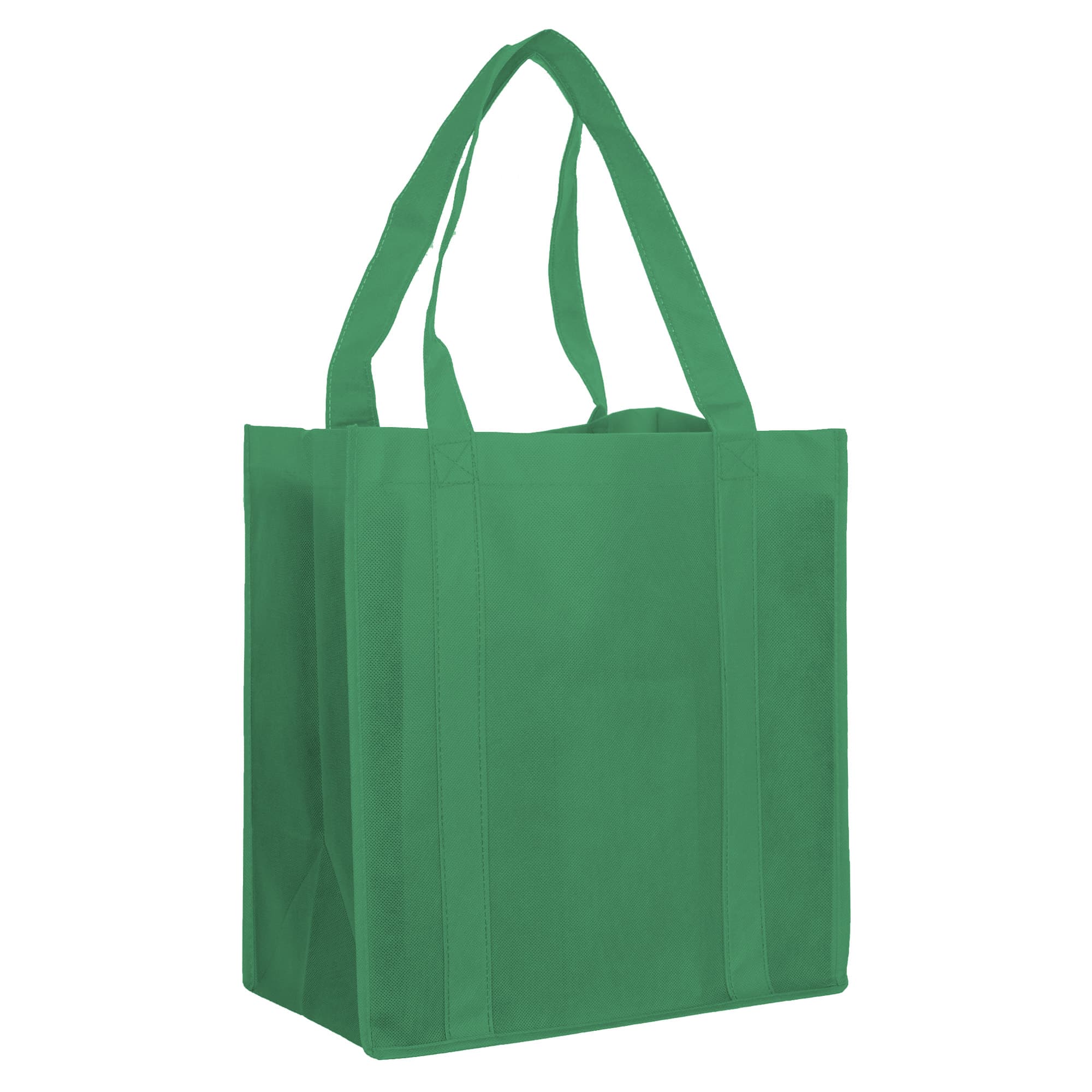 A green non-woven shopping bag with two sturdy handles and a spacious interior. Features a logo.