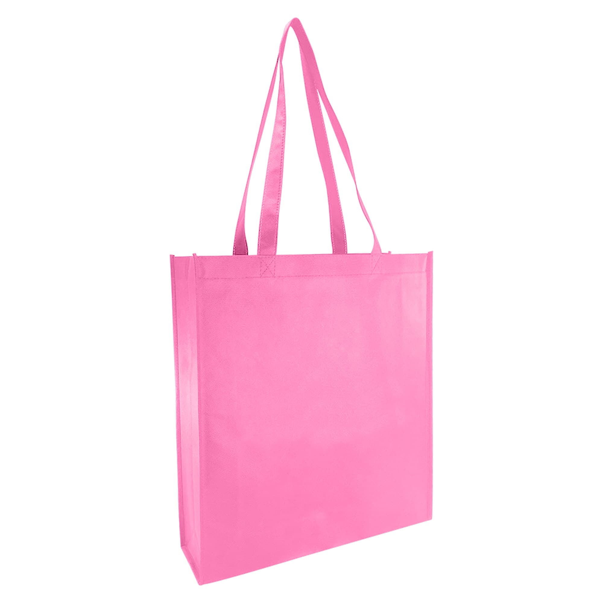 A pink non-woven reusable grocery bag with large gusset and two sturdy handles. It features a logo.