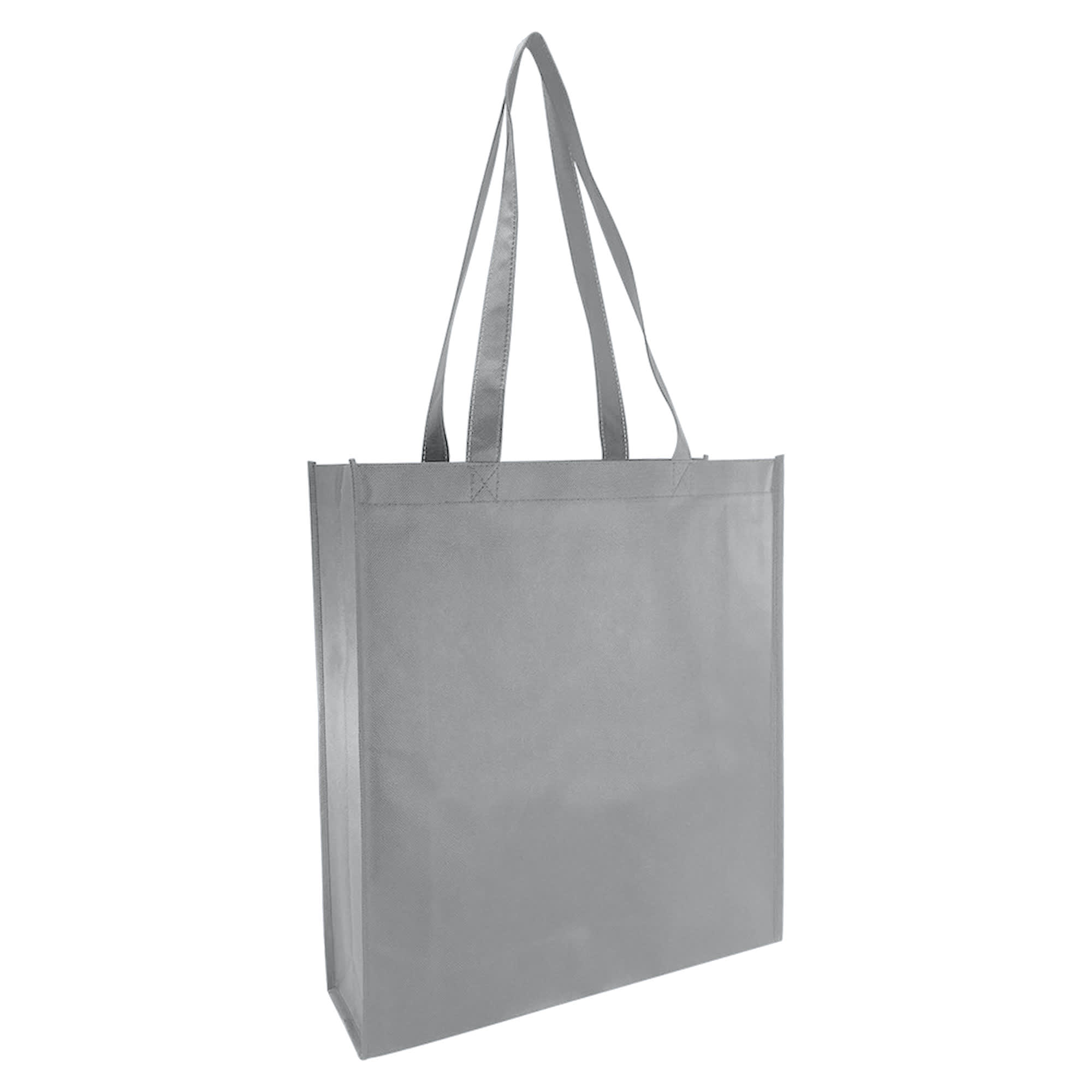 A grey non-woven reusable grocery bag with large gusset and two long handles. It features a logo.