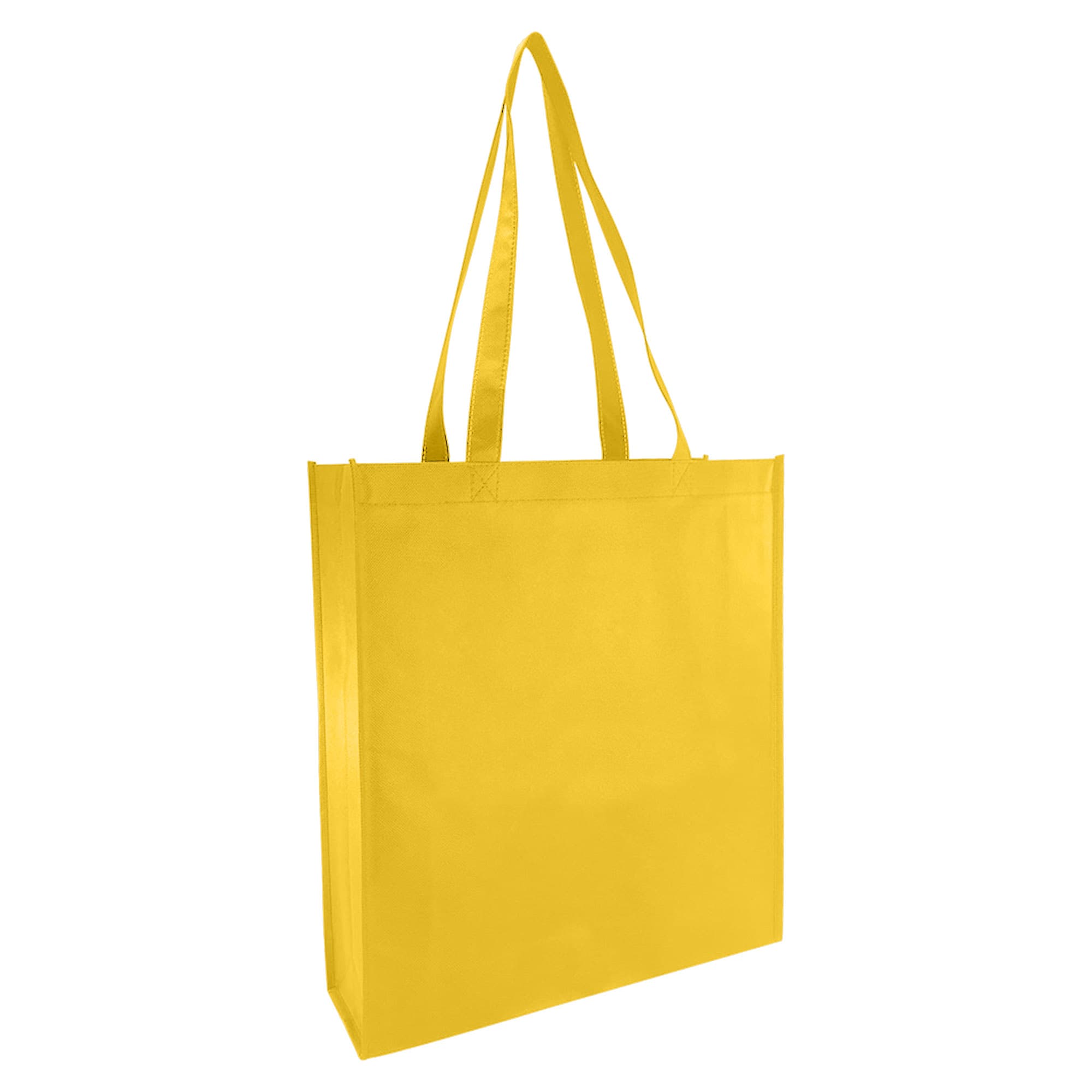 A yellow non-woven reusable grocery bag with large gusset and two handles, featuring a logo.