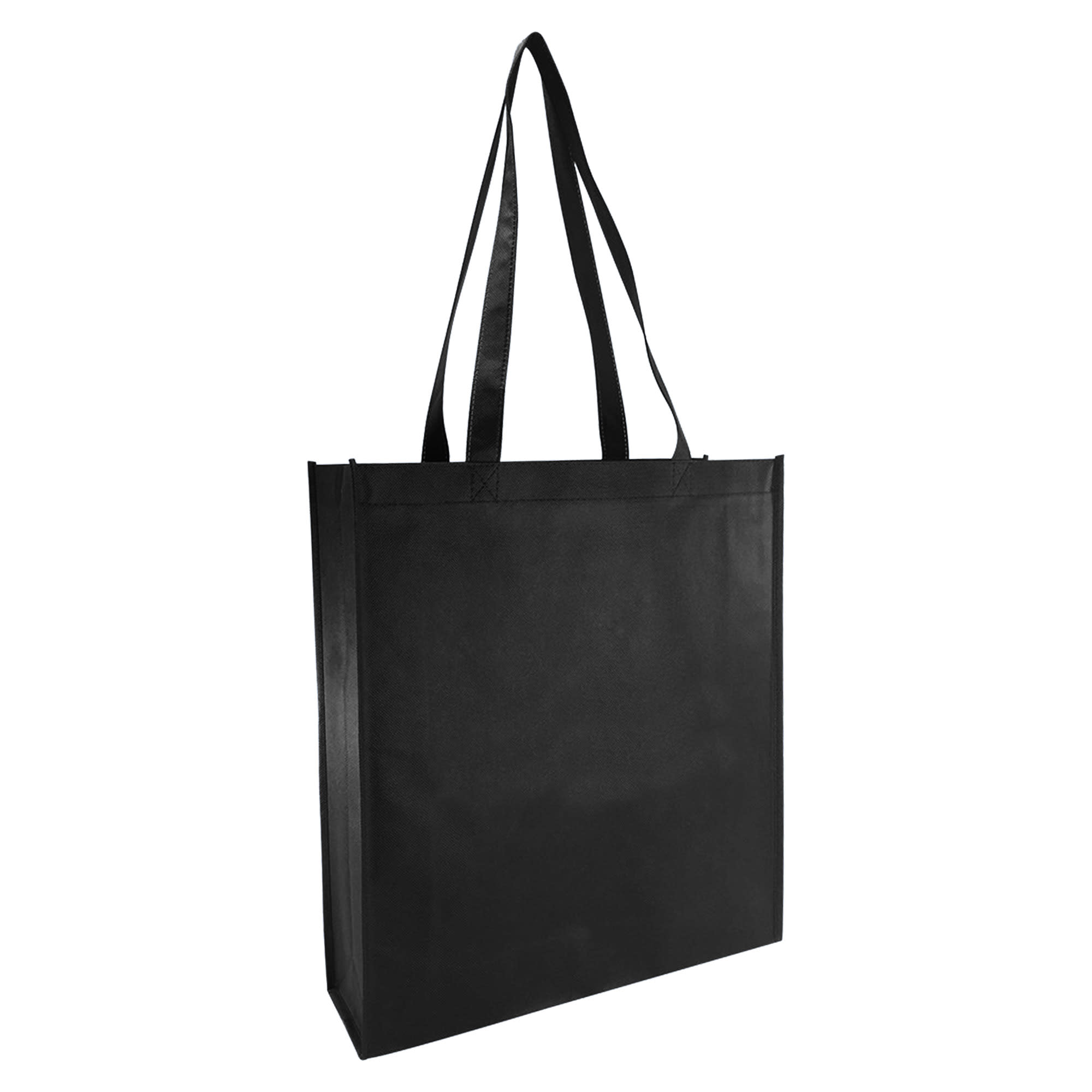 A black non-woven reusable grocery bag with large gusset and two handles. It features a branding logo.