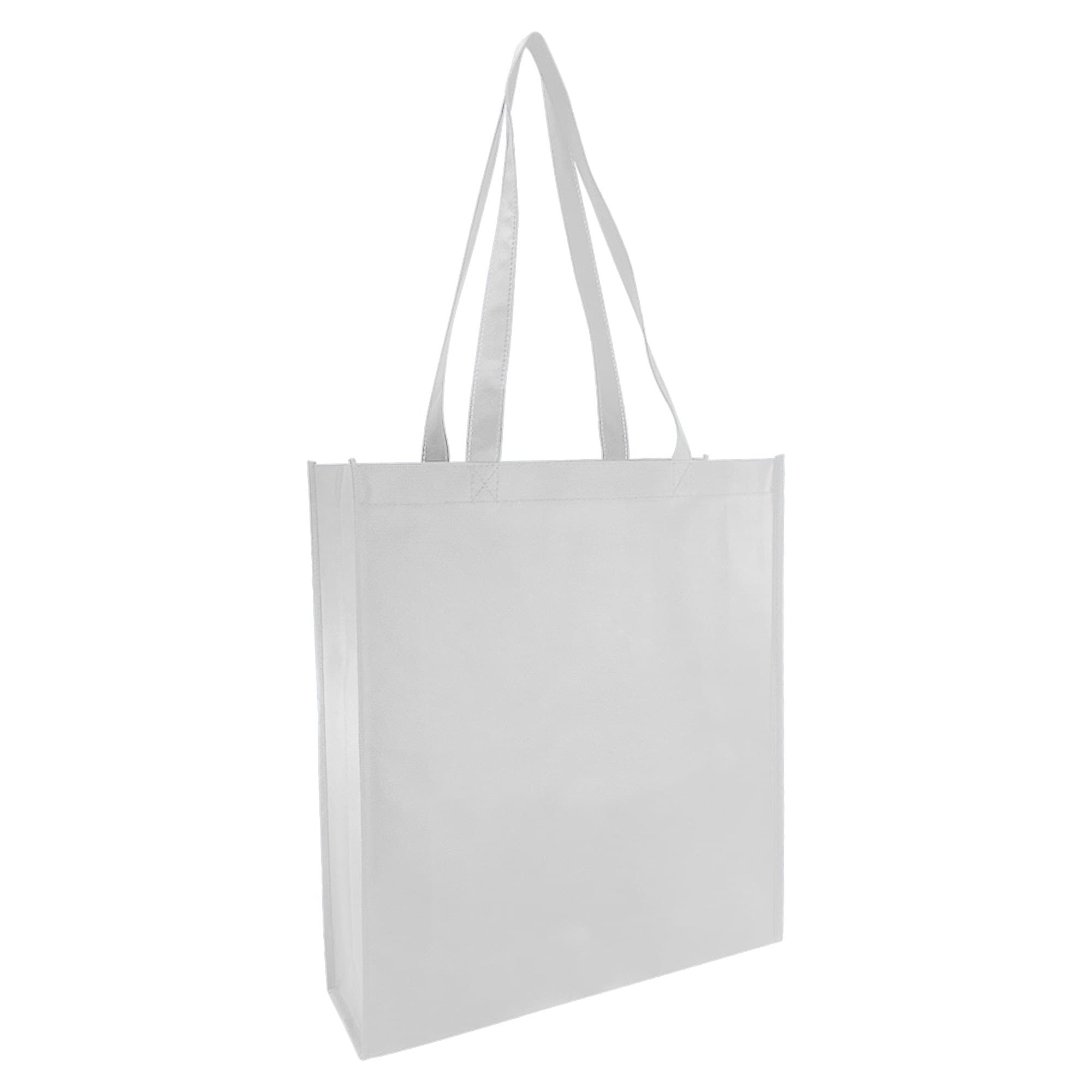 A white non-woven reusable grocery bag with large gusset and long handles, featuring a logo.