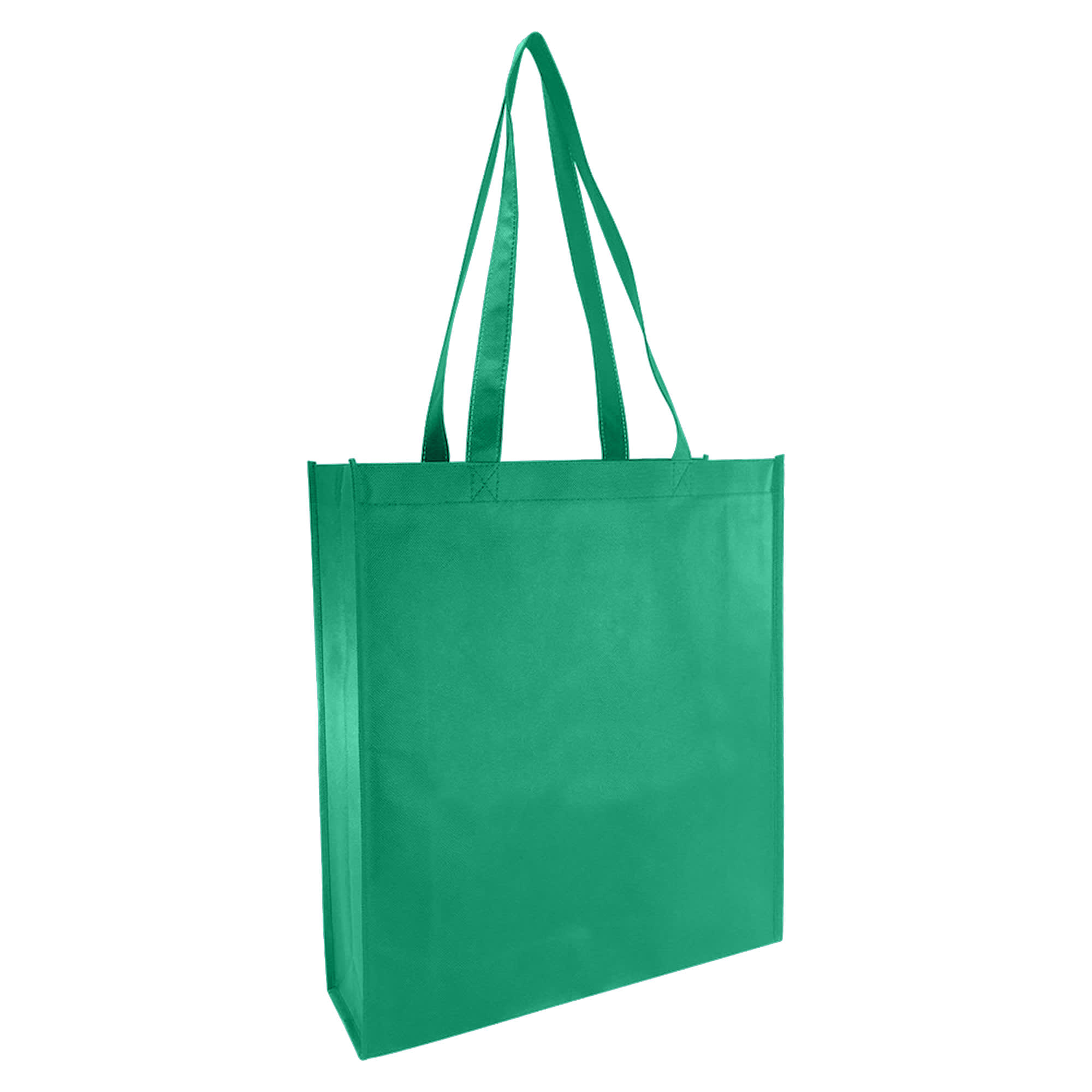 A green non-woven reusable grocery bag with large gusset and two sturdy handles, featuring a logo.