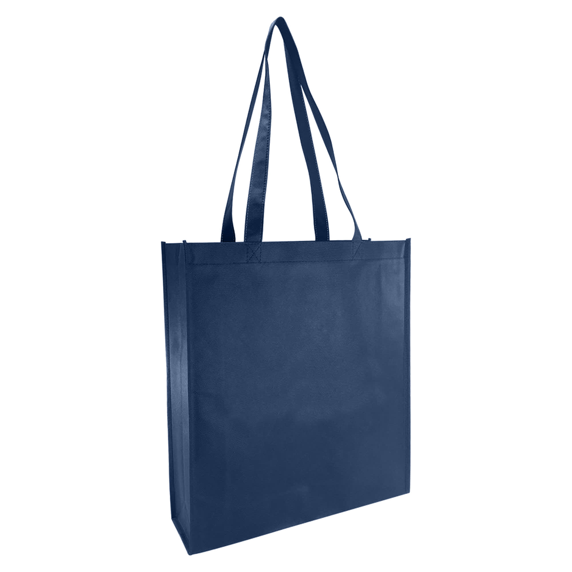 A navy reusable grocery bag with large gusset and two handles, featuring a solid design and a branding logo.
