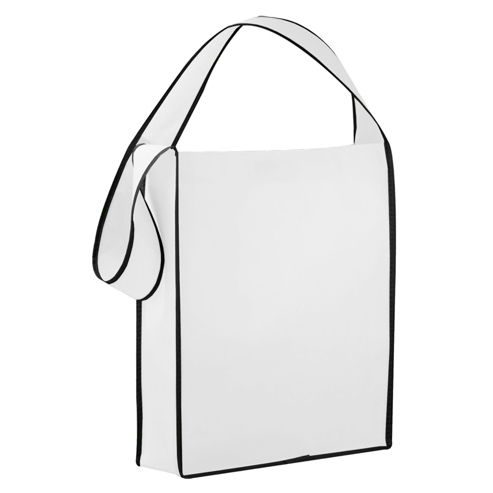 A white non-woven sling bag with black trim and a single shoulder strap; features a logo on the front.