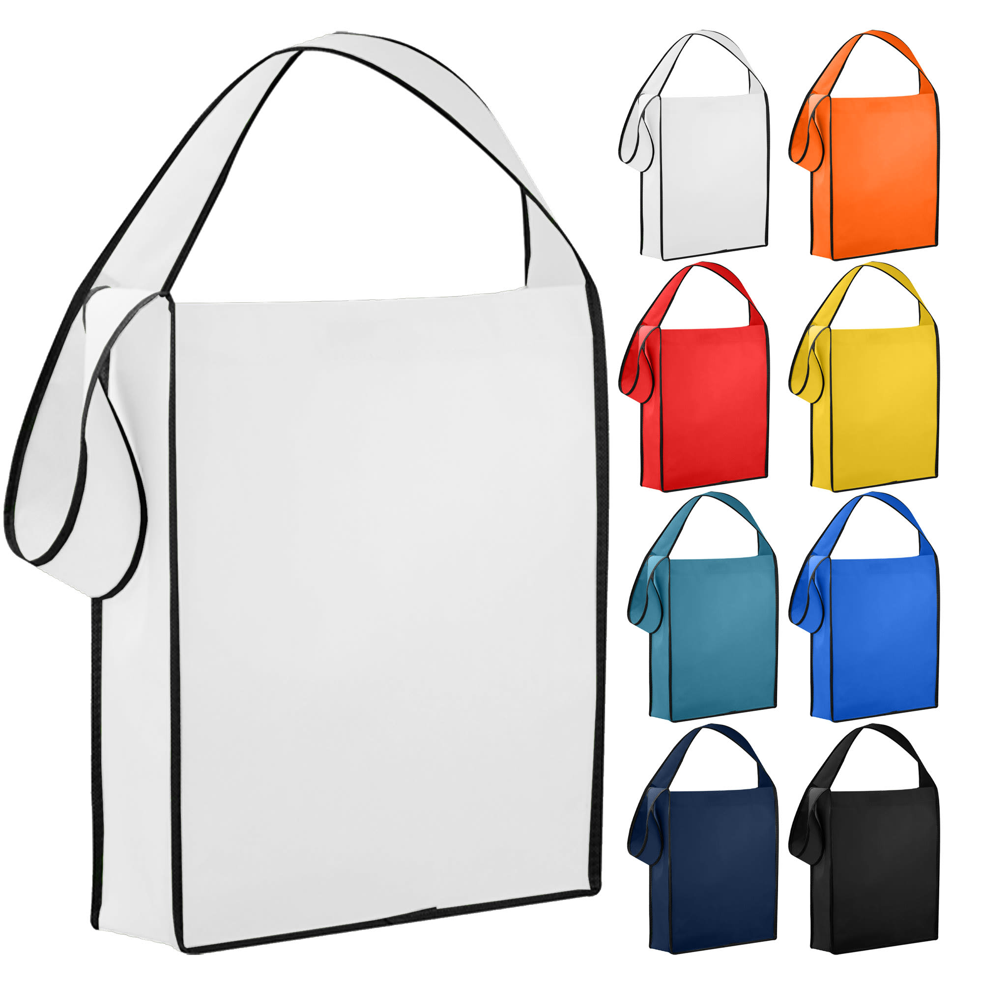 A series of non-woven sling bags in various colours, including white, red, yellow, blue, and black, each with an adjustable strap.