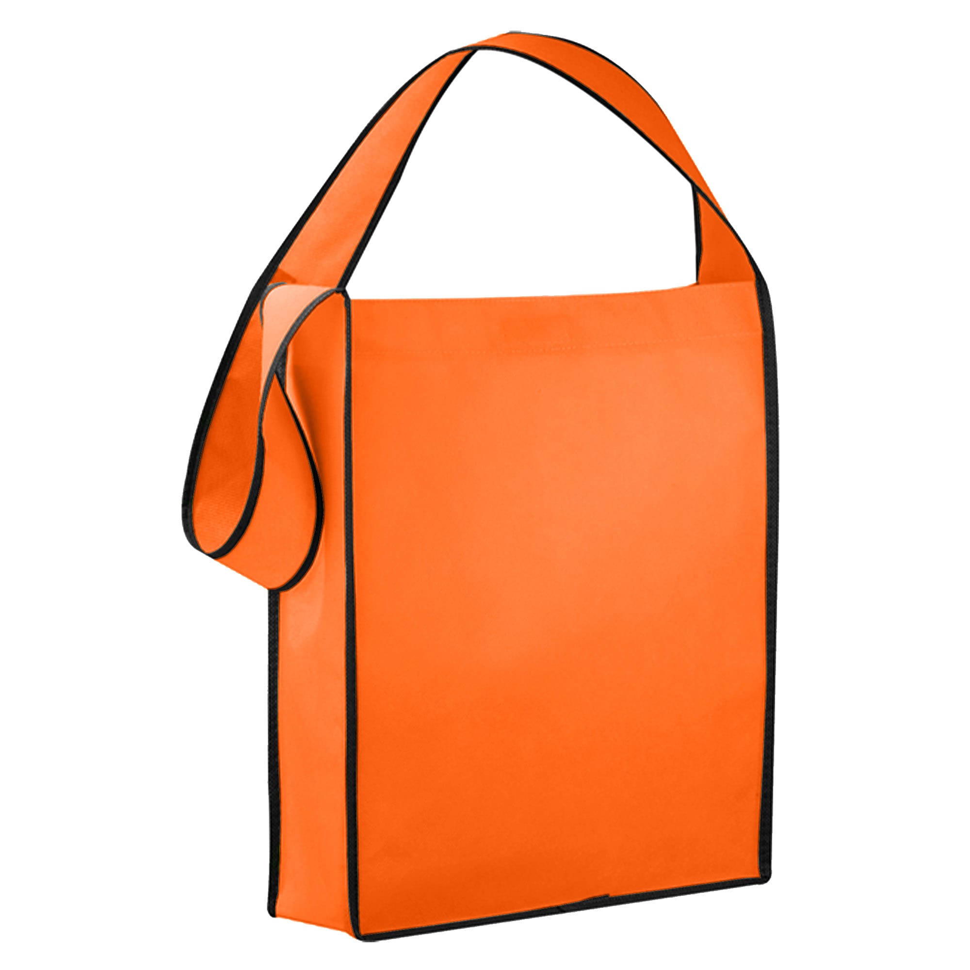 An orange non-woven sling bag with black trim and a single shoulder strap. It features a logo on one side.