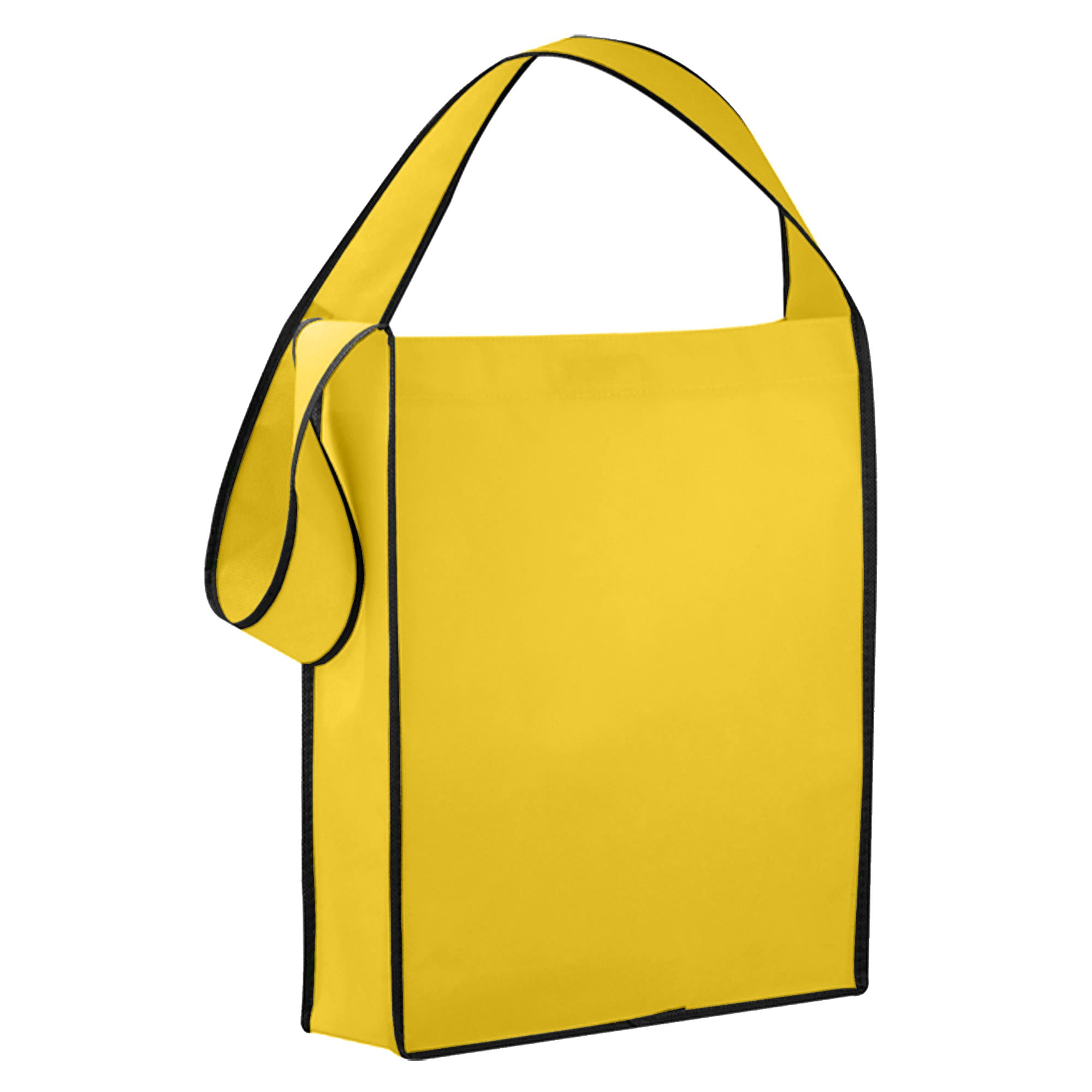 A yellow non-woven sling bag with black edging and a long shoulder strap. It has a logo on the front.