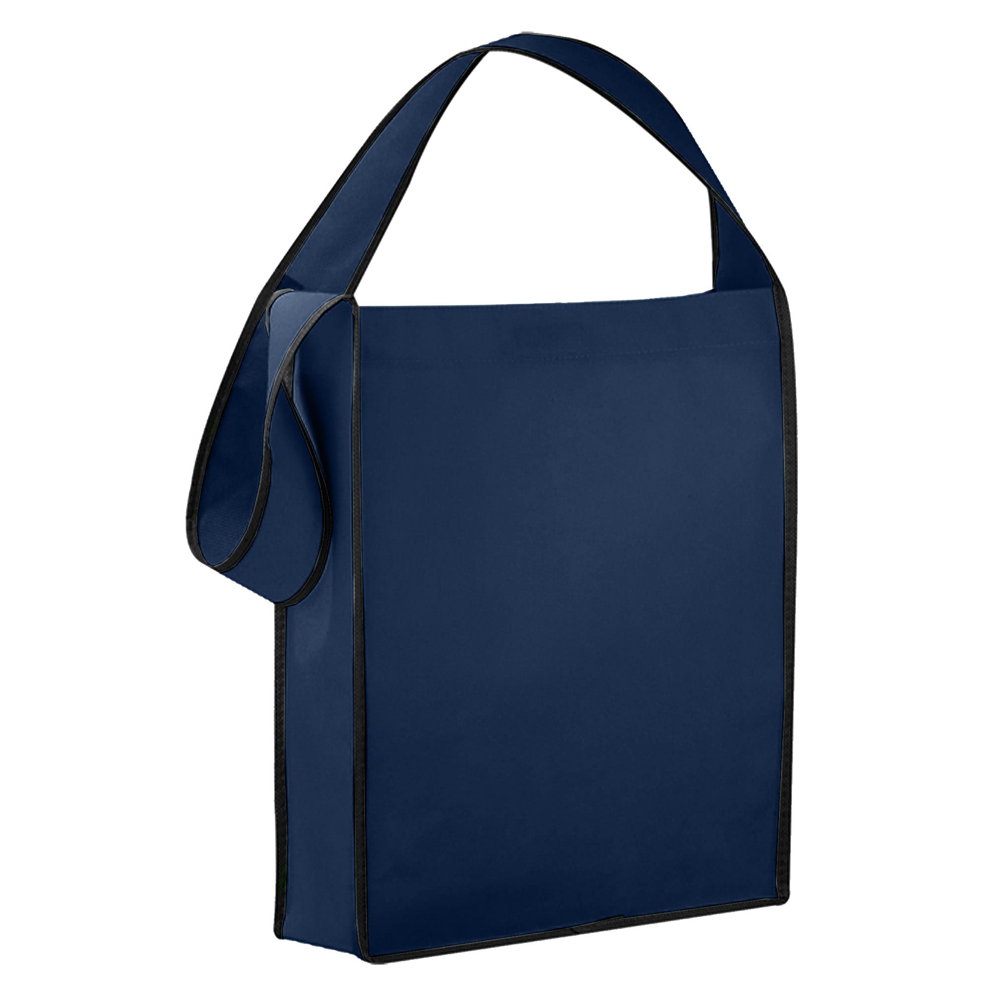 A navy non-woven sling bag with a simple design and a single shoulder strap. It features a logo.