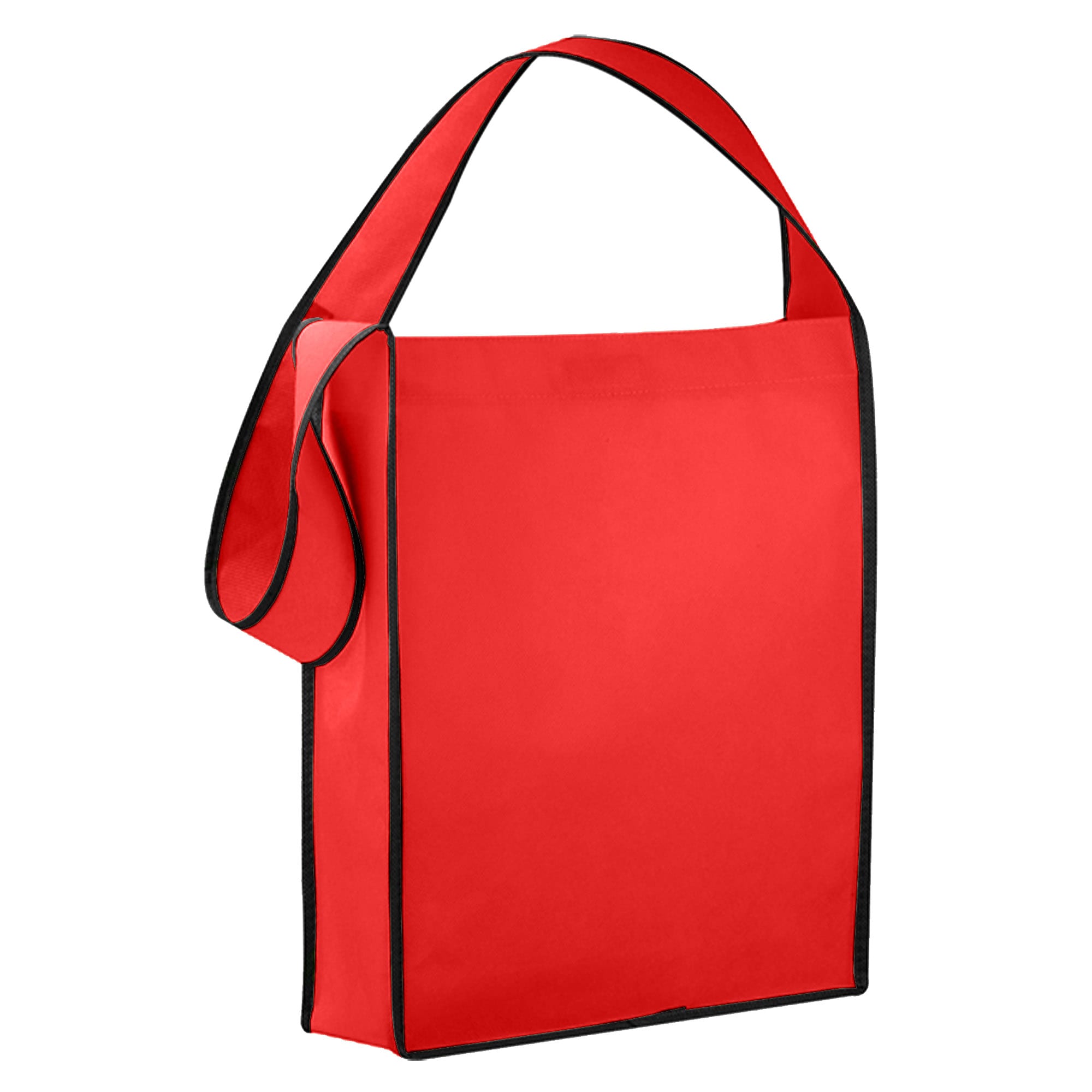 A red non-woven sling bag with a contrasting black trim and a long shoulder strap.