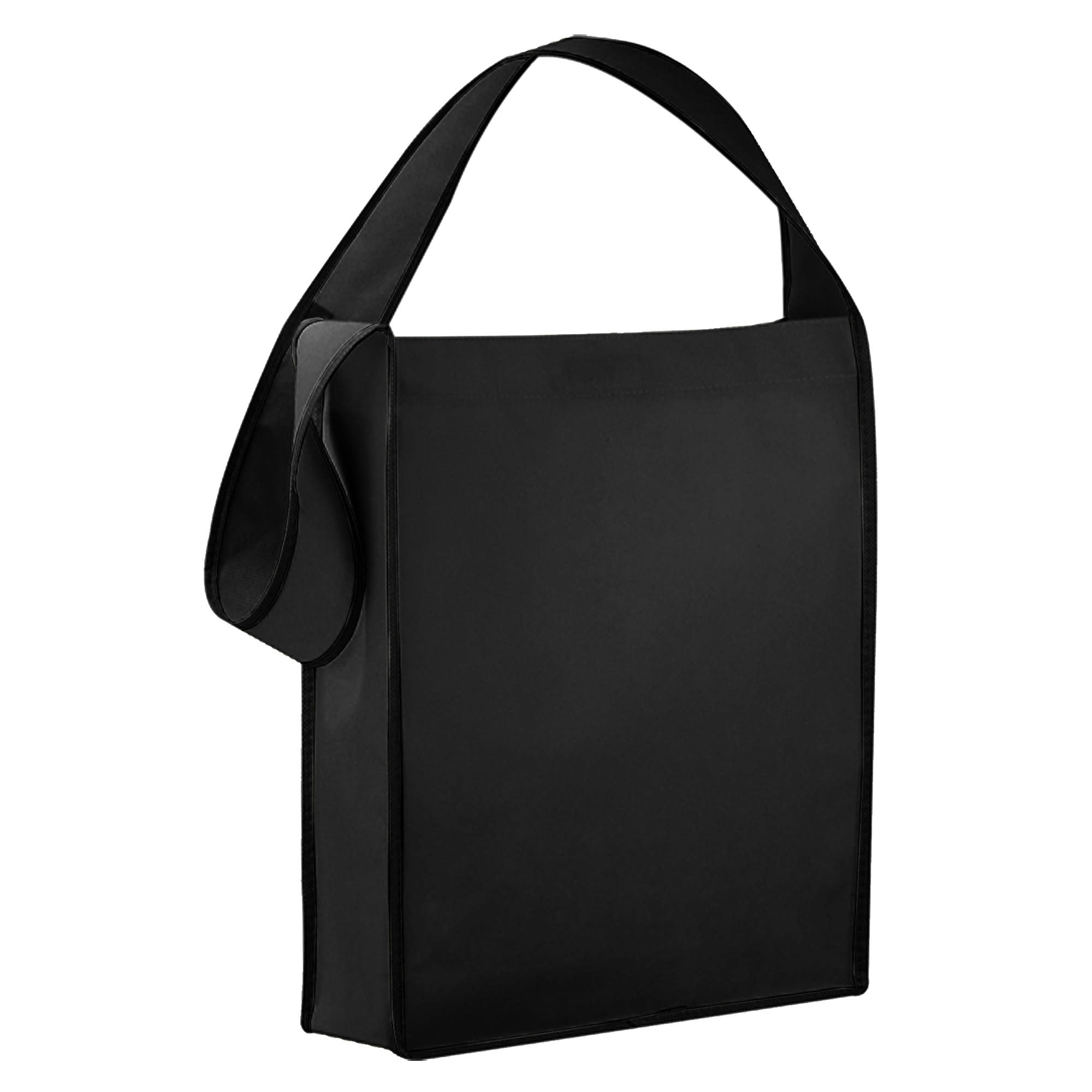 A non-woven sling bag in black with a single shoulder strap and a logo.