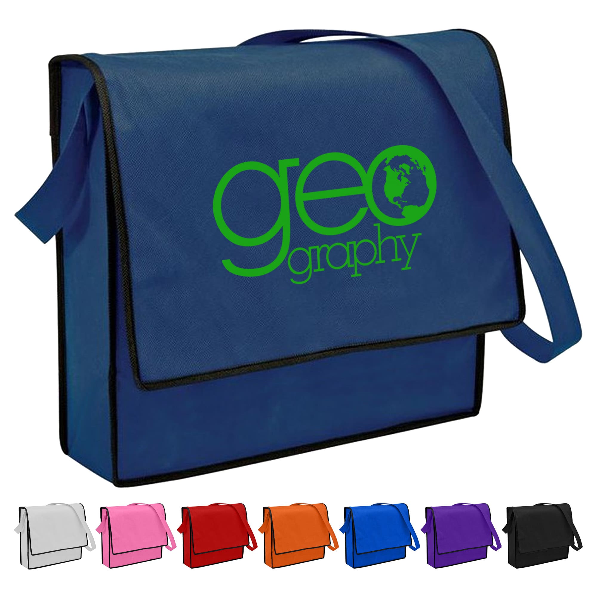 A blue non-woven flap satchel with a logo, featuring a long shoulder strap. Available in various colours.